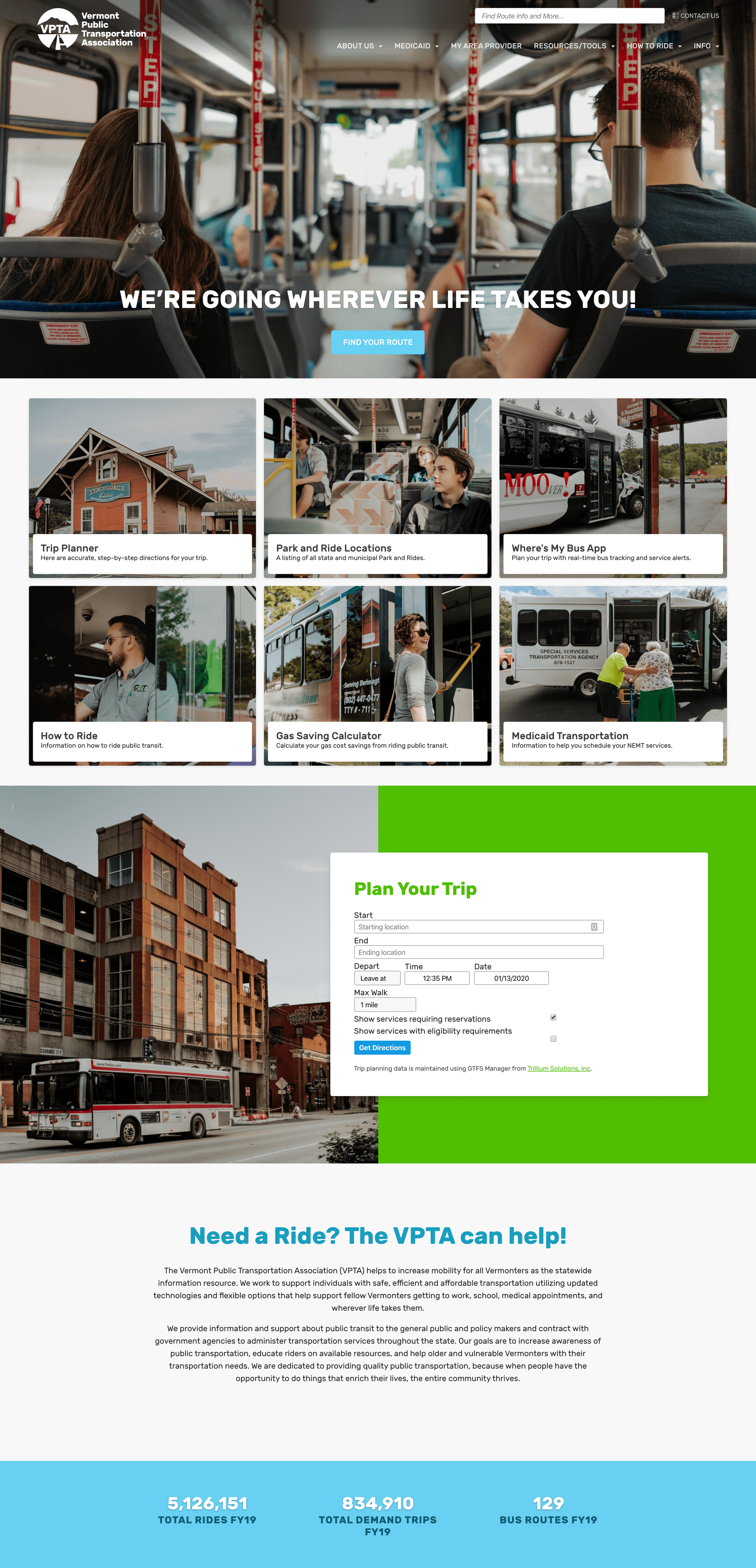 Vermont Public Transportation Association website with bus info and planning tools