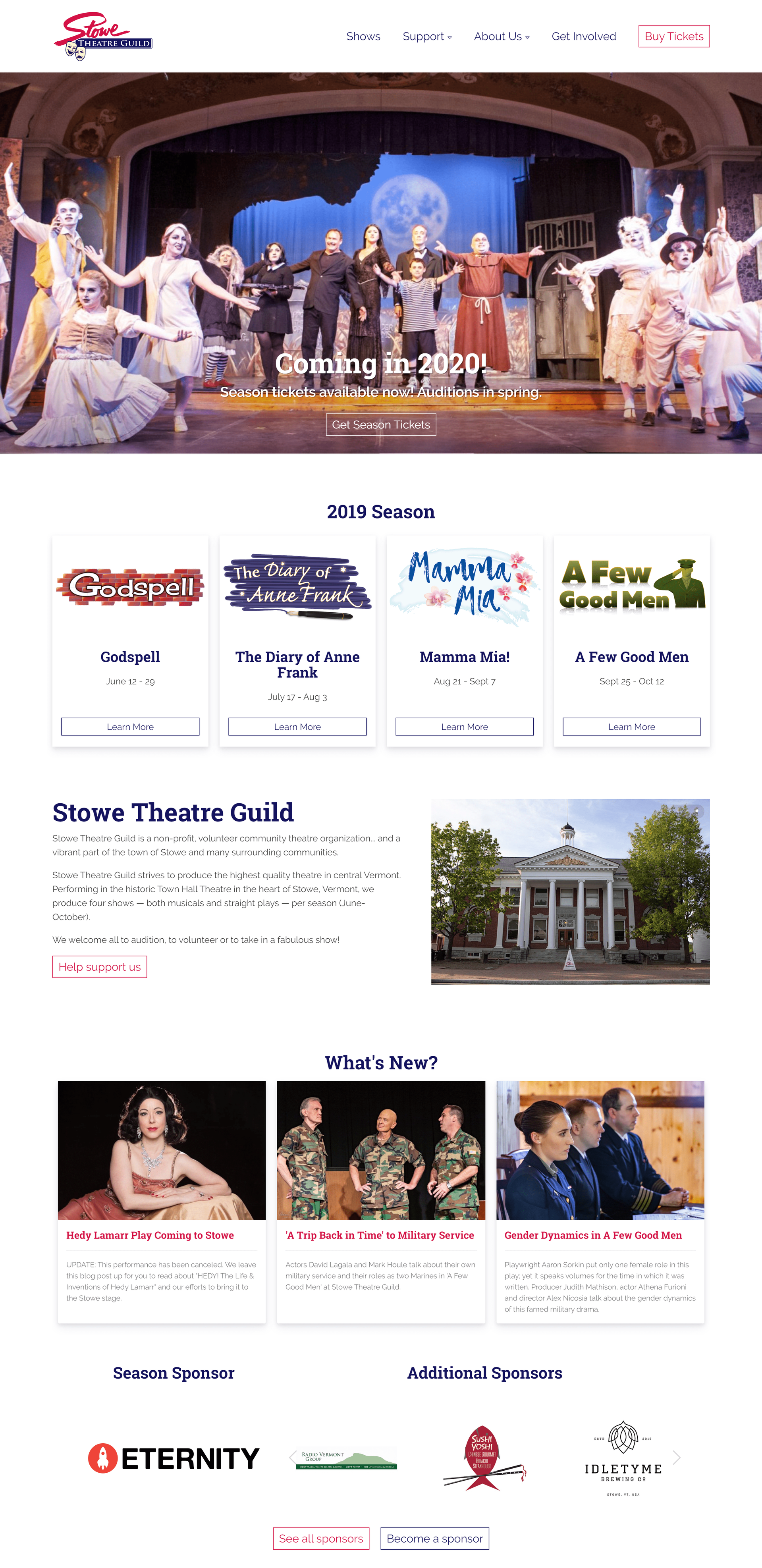 Theater performance with actors in costumes on stage, promoting upcoming shows and events