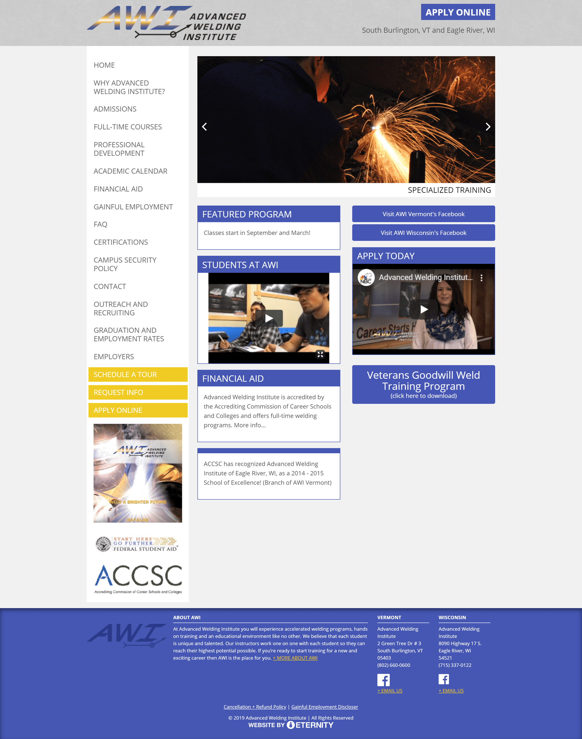 Website for Advanced Welding Institute with program details and contact information