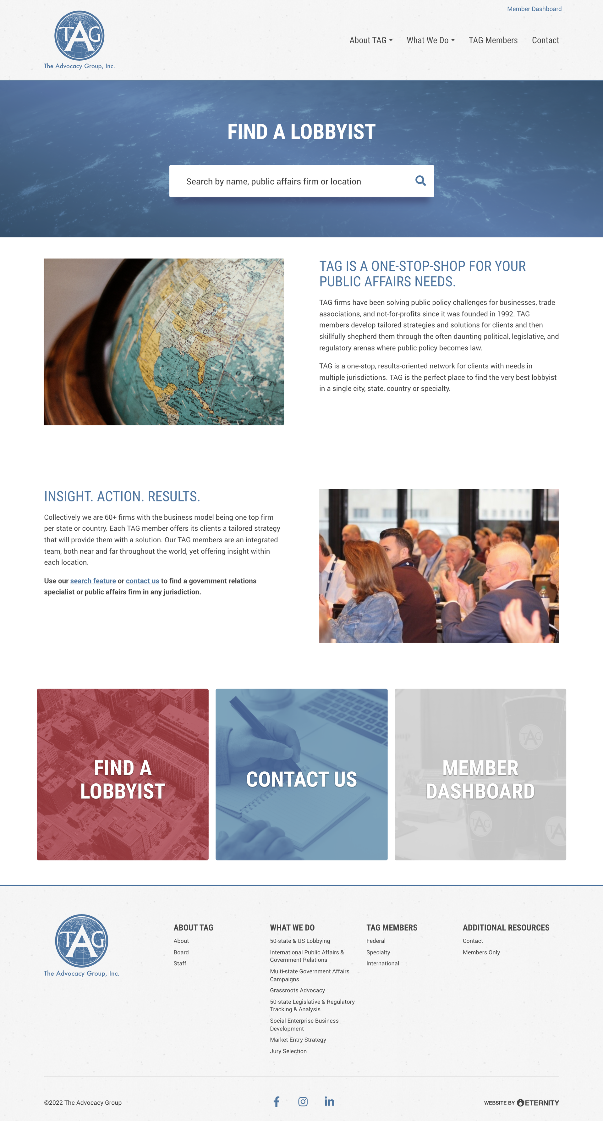 Website interface for The Advocacy Group offering lobbyist search and services