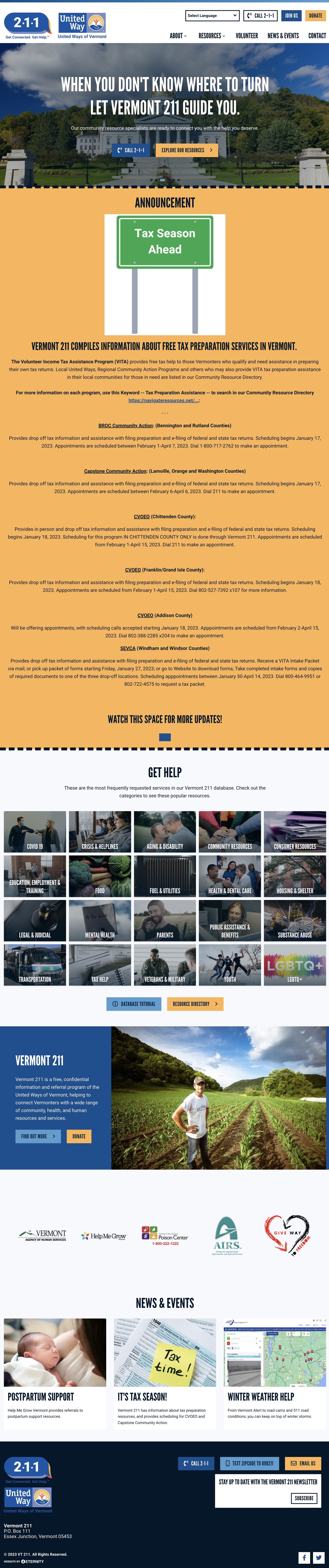 Vermont 211 webpage offering resources, tax prep info, and community support services.