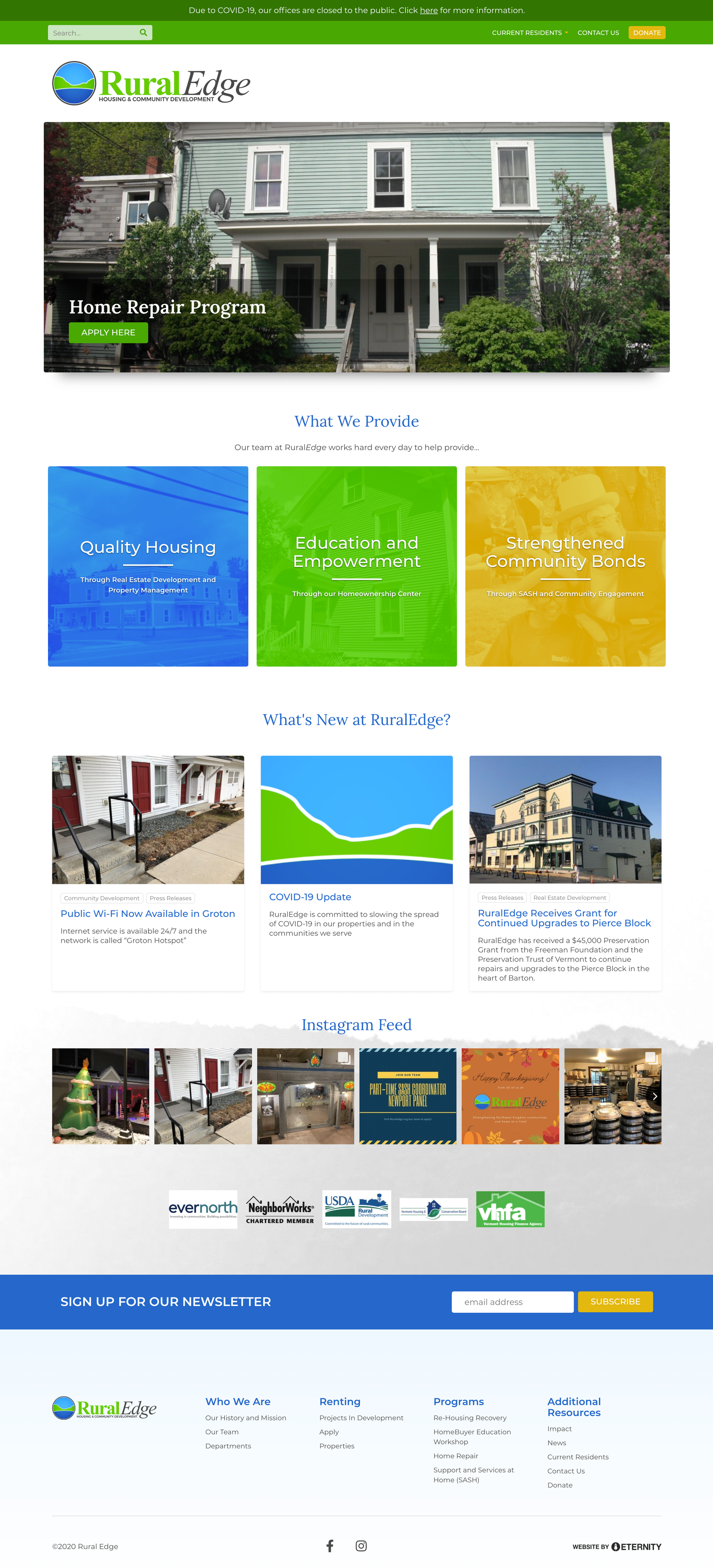 Homepage of RuralEdge, highlighting their Home Repair Program and services.