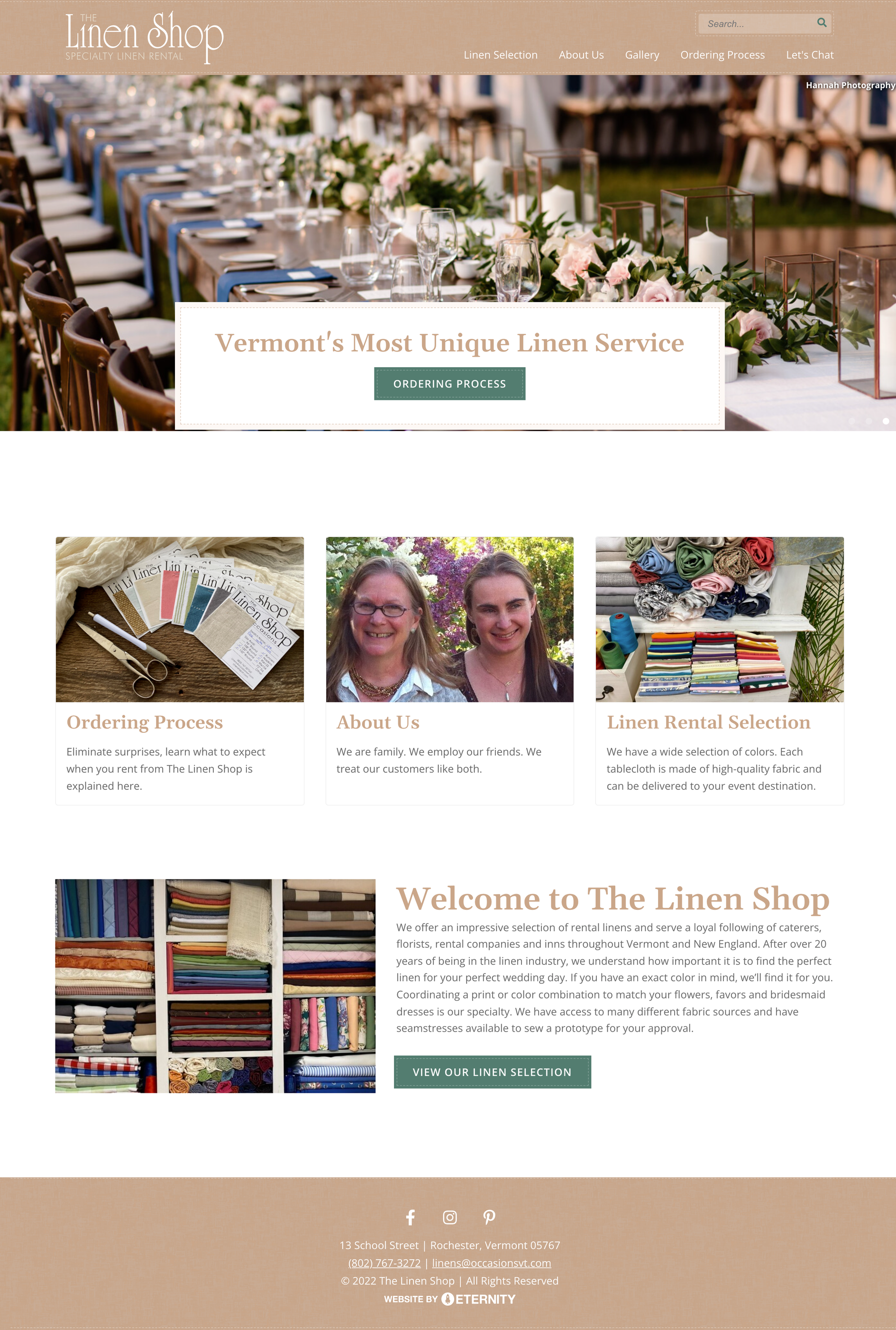 Website for a linen rental service showcasing table settings and fabric options