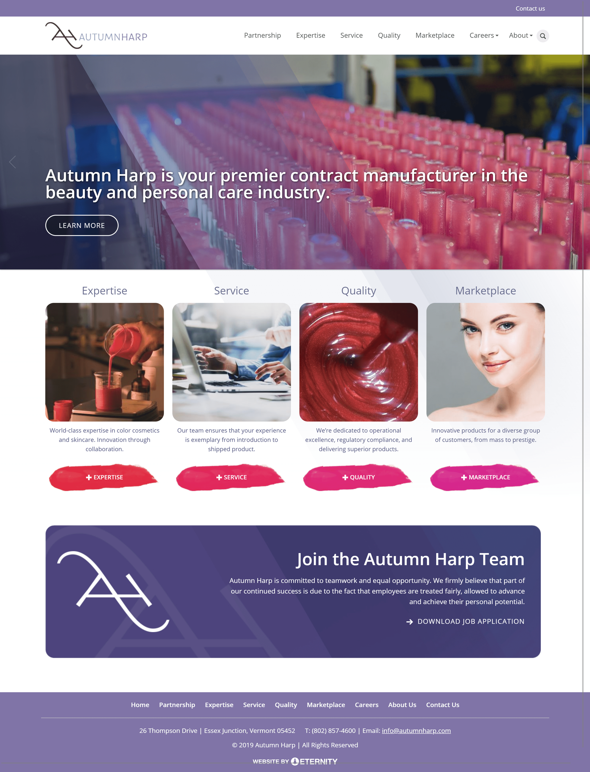 Website for Autumn Harp, a contract manufacturer in the beauty industry