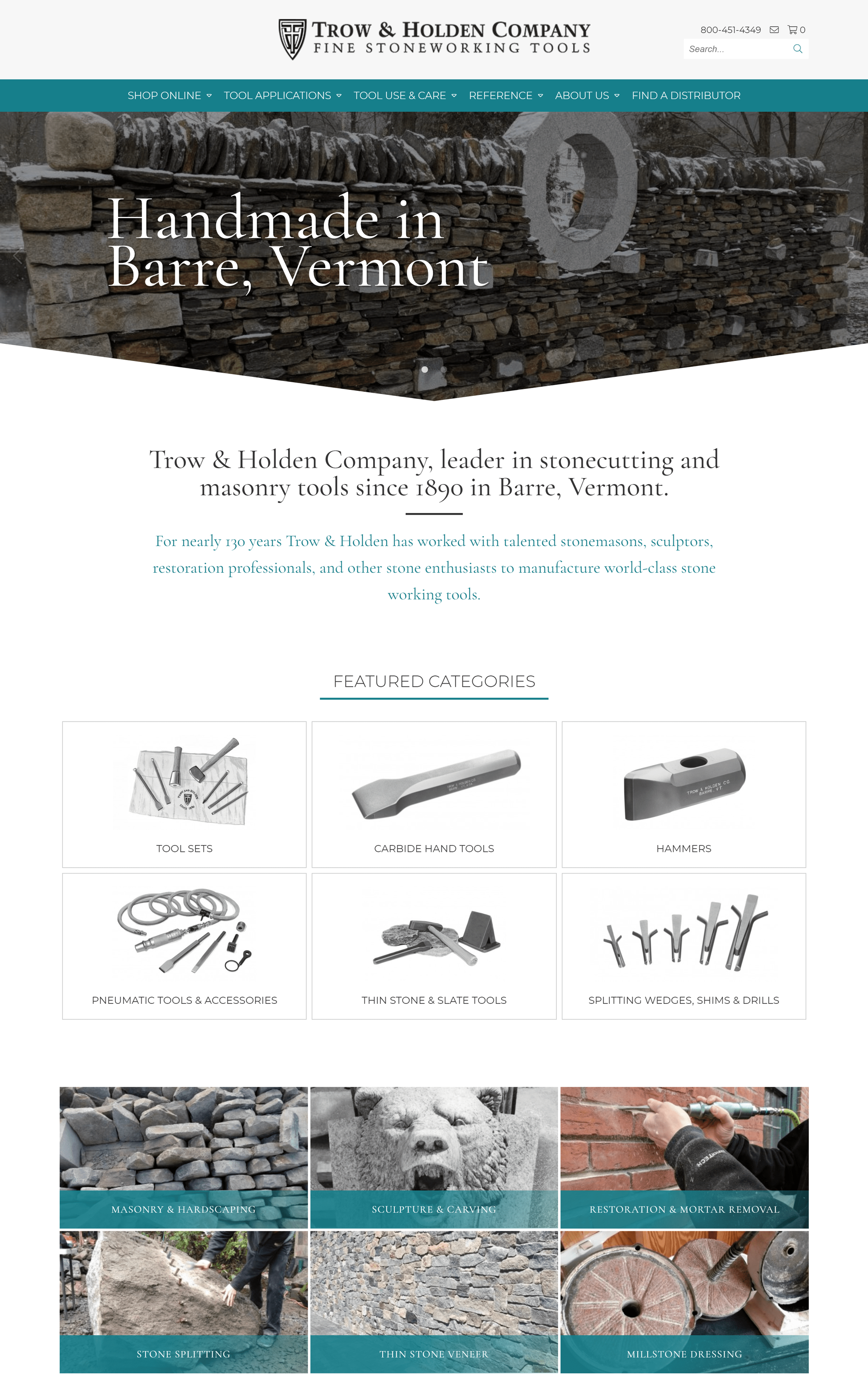 Homepage of Trow & Holden Company, showcasing stoneworking tools and services.