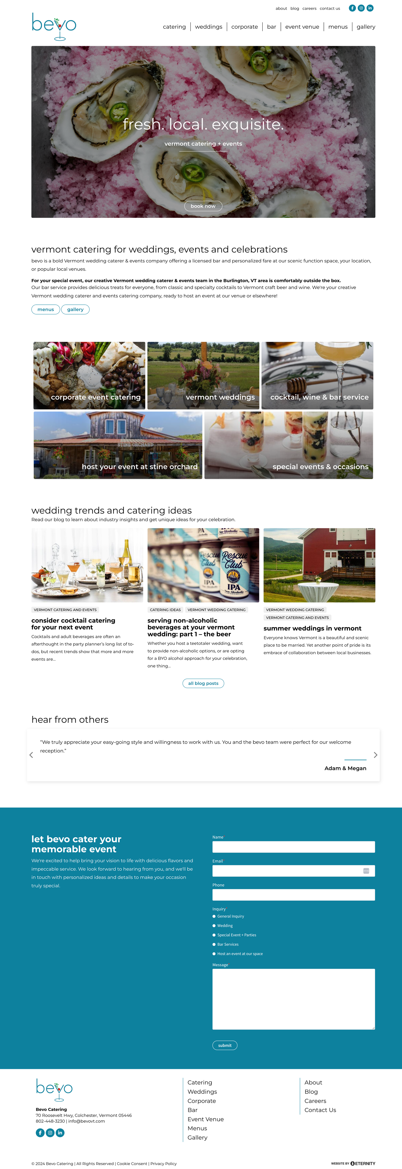 Homepage of Bevo Catering featuring services for weddings and events in Vermont.