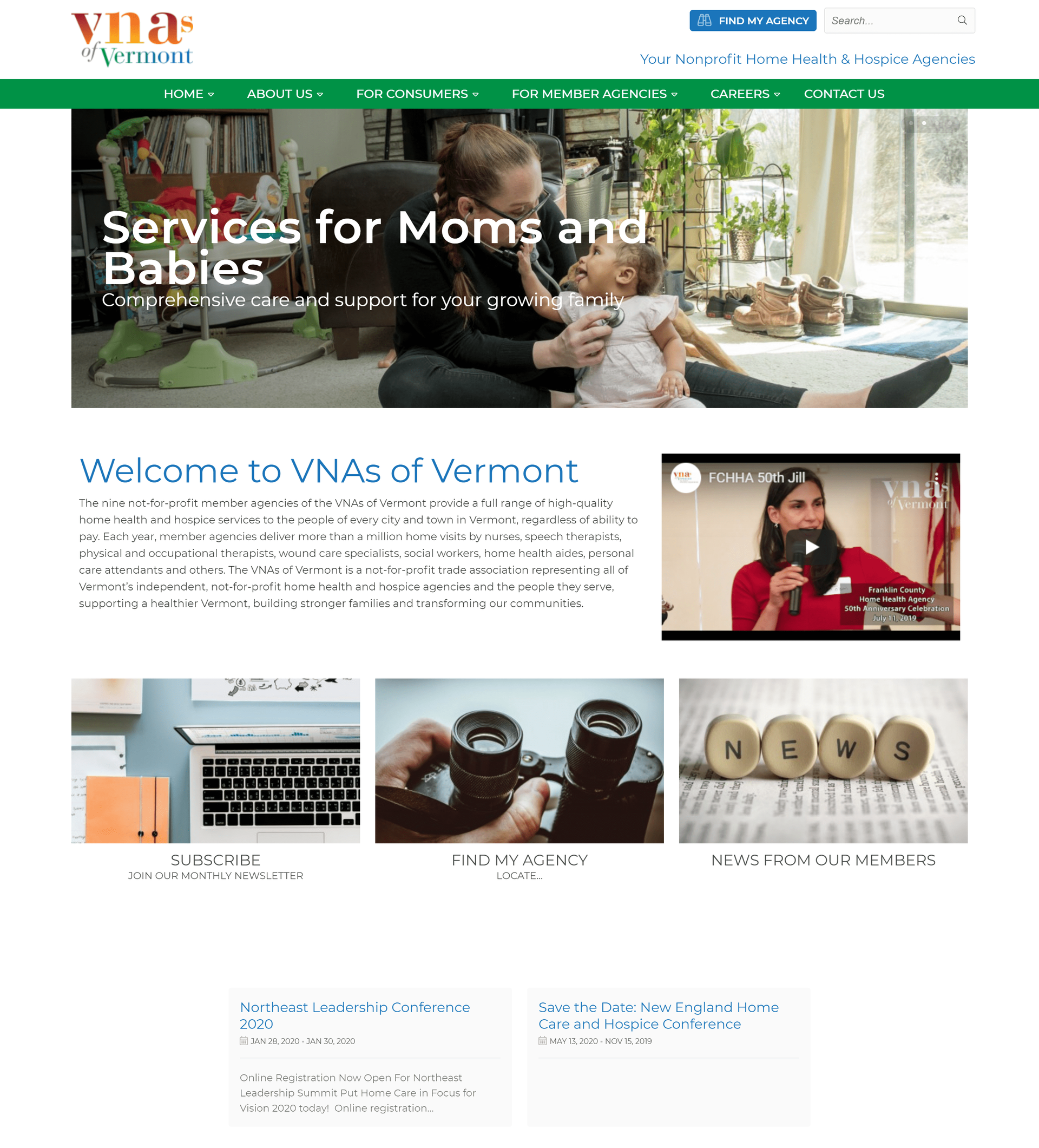 Website for VNAs of Vermont offering services for moms and babies, promoting community health care