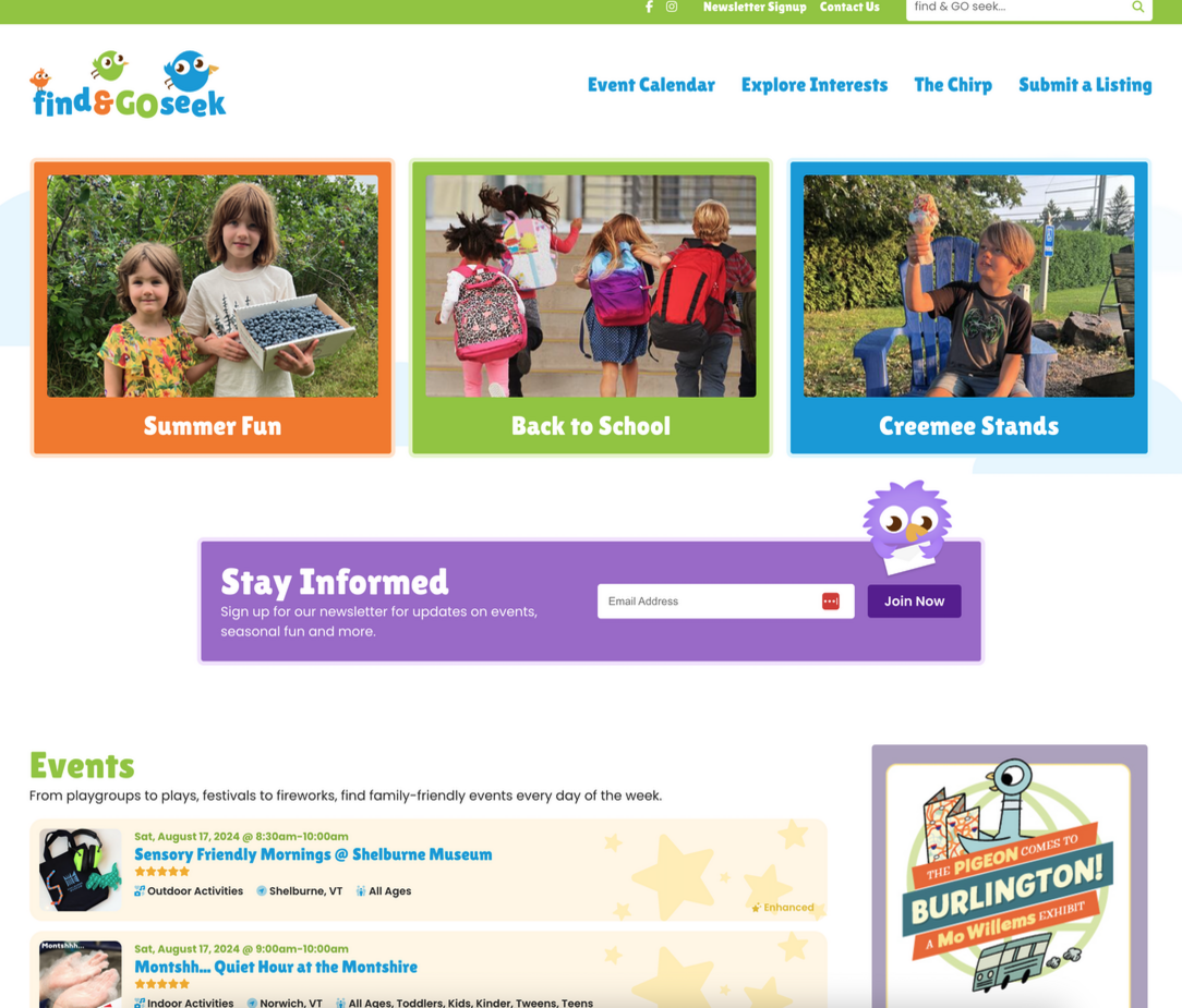 Website layout featuring family-friendly events, activities, and newsletter sign-up.