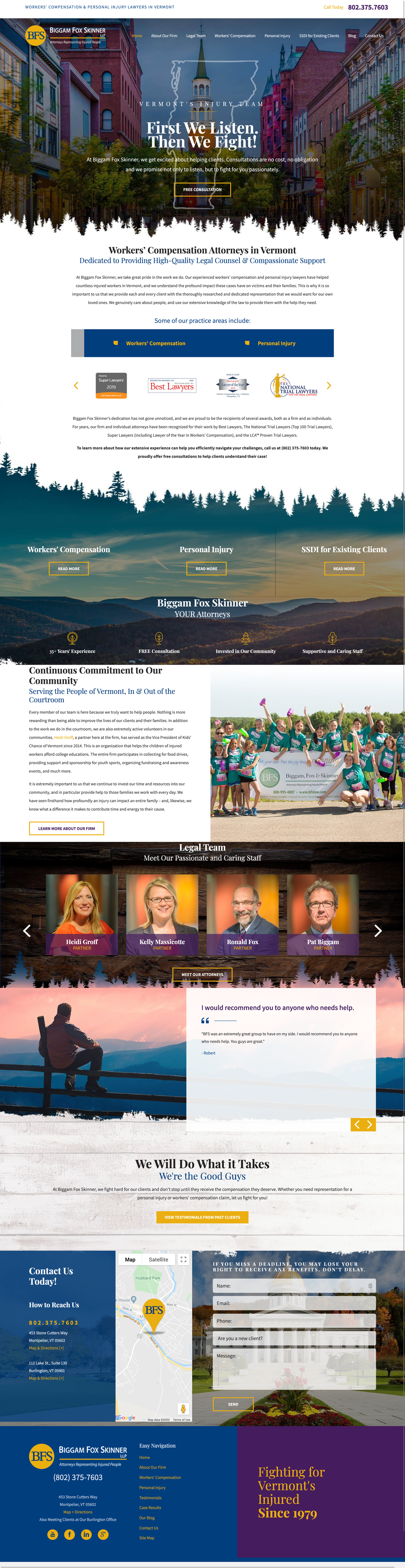 Vermont law firm website with sections on legal services and community involvement