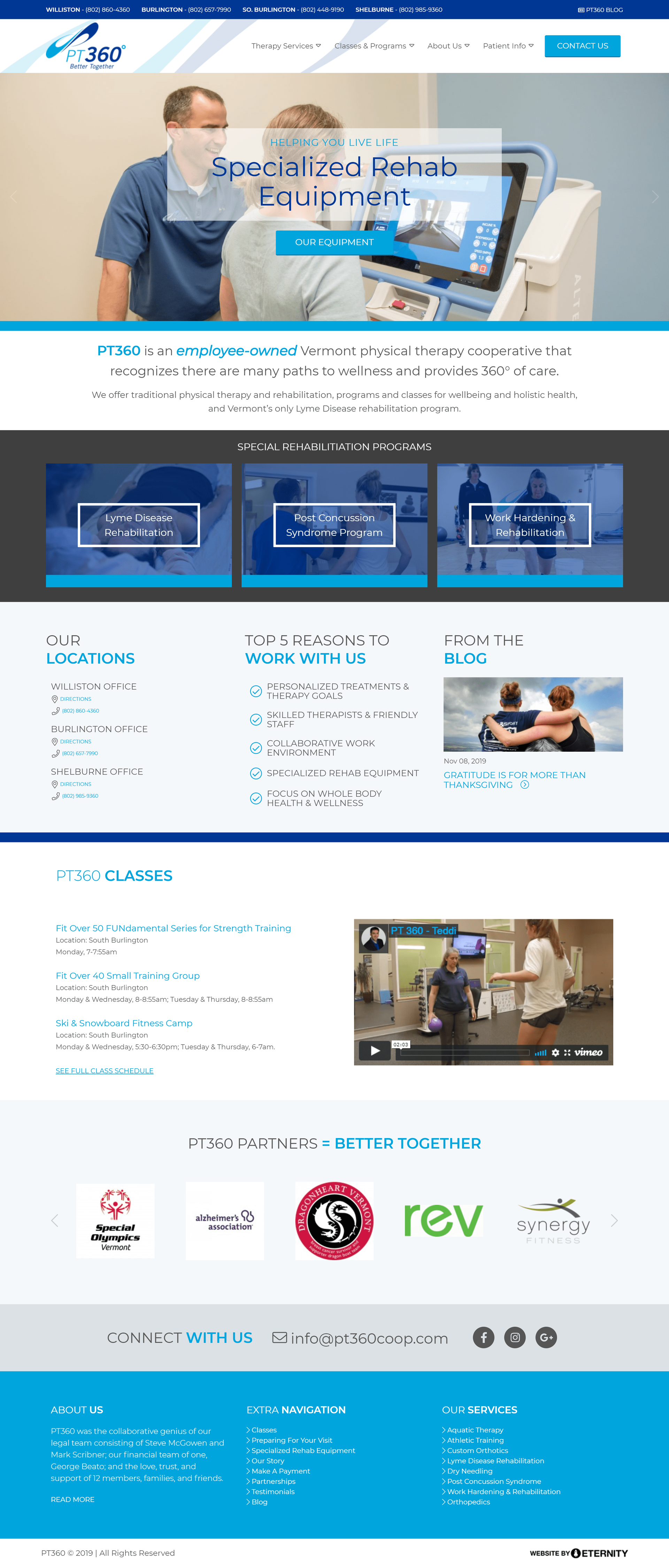Website for PT360, a Vermont physical therapy cooperative offering various rehab services.