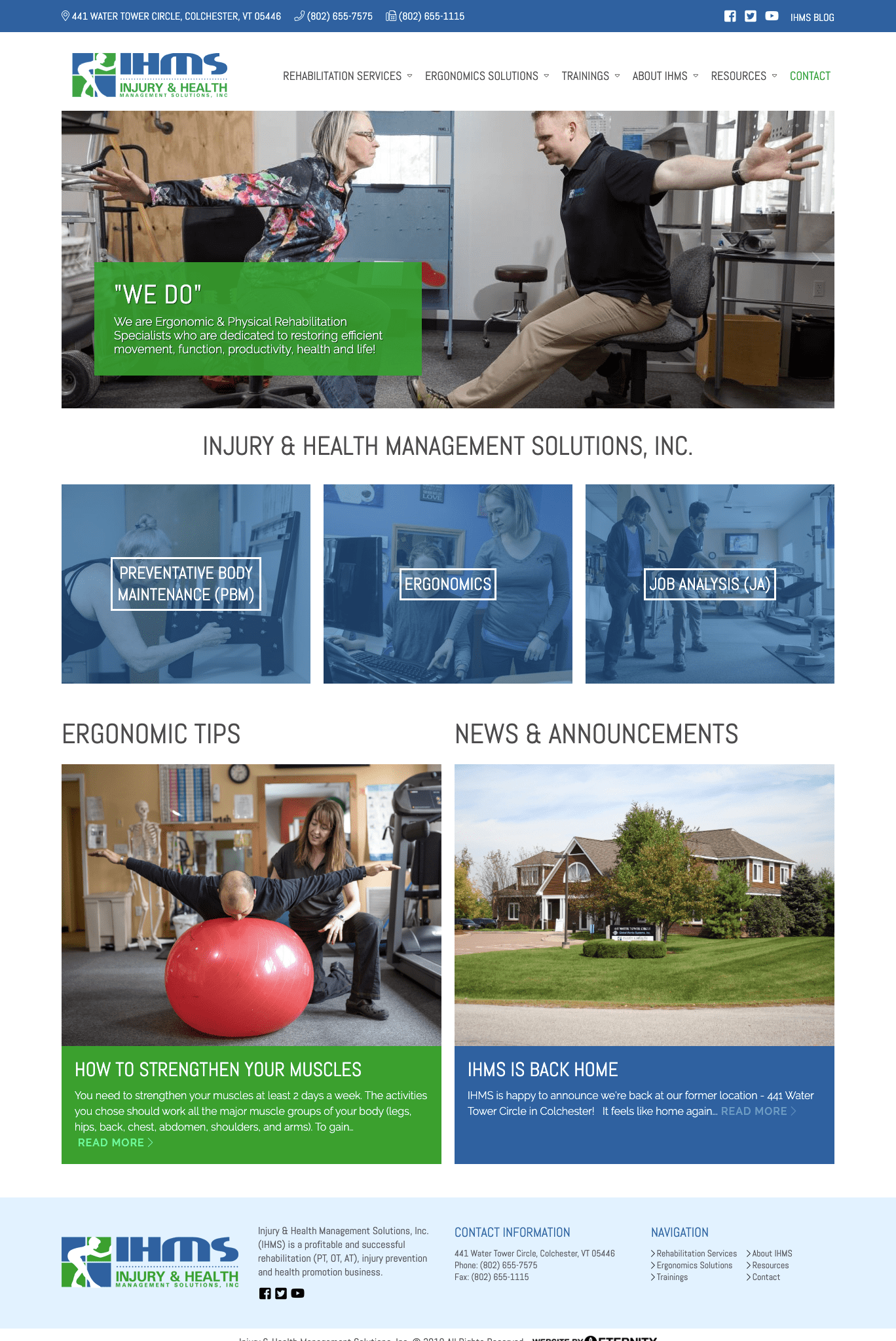 Website for Injury & Health Management Solutions, featuring ergonomic services and rehabilitation.