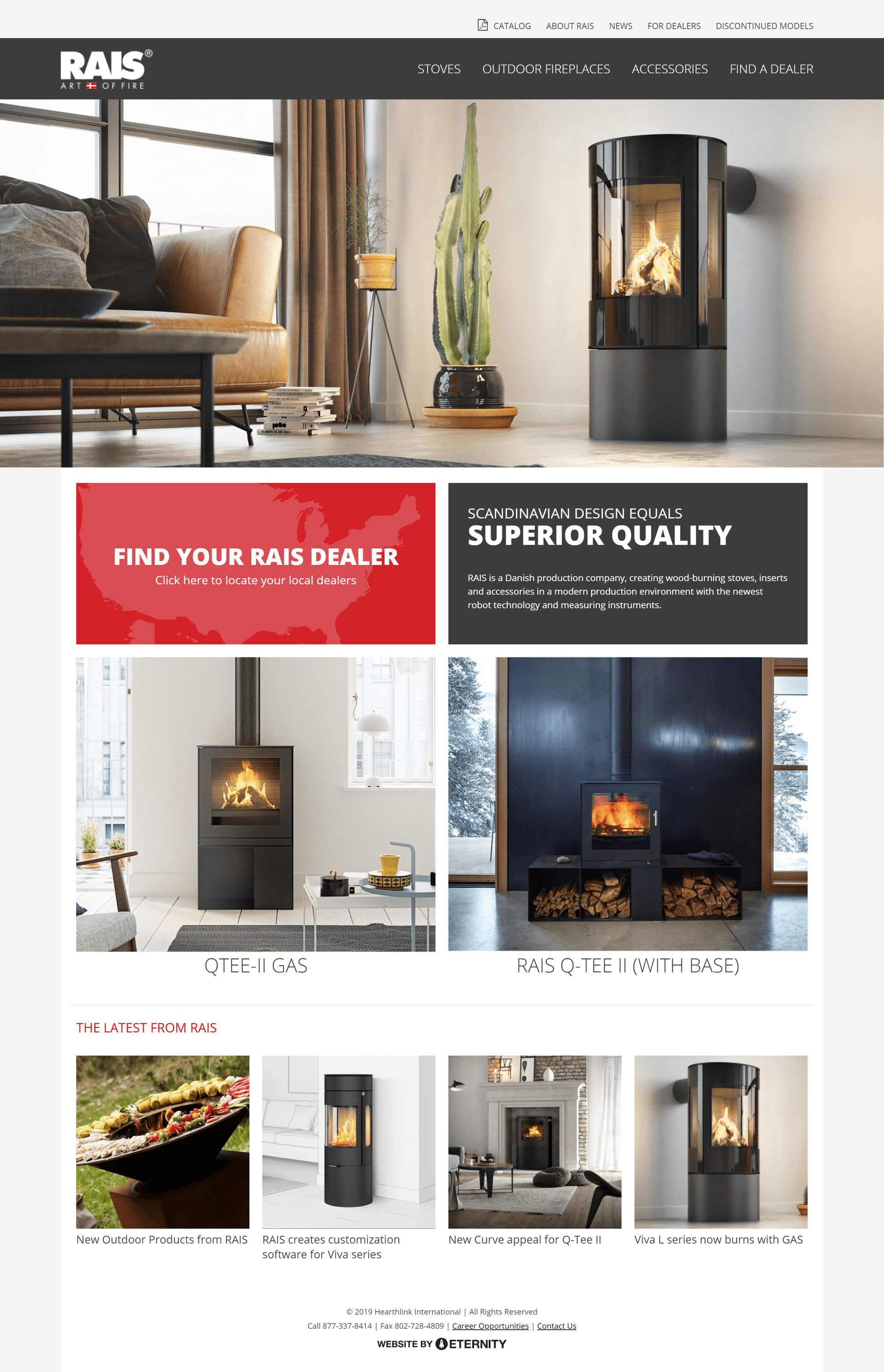 Homepage of RAIS showcasing stoves, fireplaces, and dealer locator information