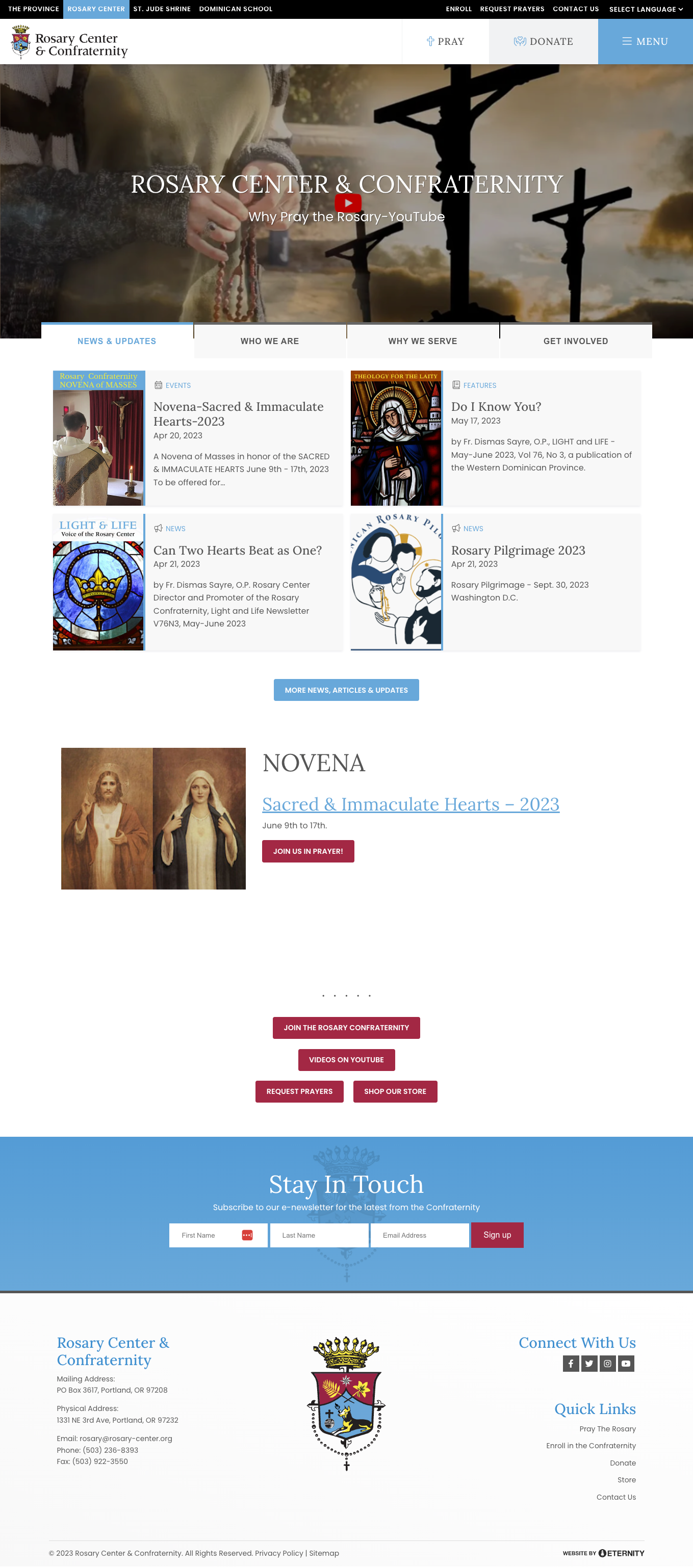 Homepage of Rosary Center & Confraternity featuring events, news, and novena details.