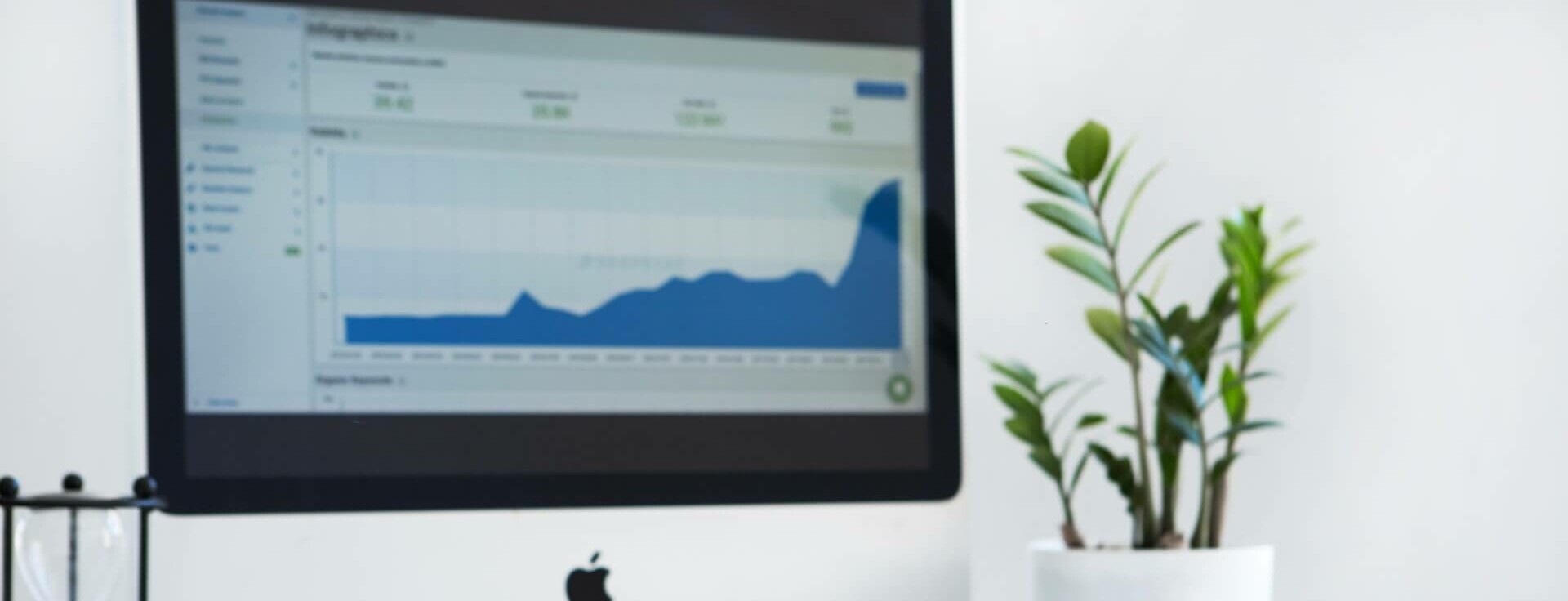 Computer screen displaying a growth chart with a small potted plant nearby