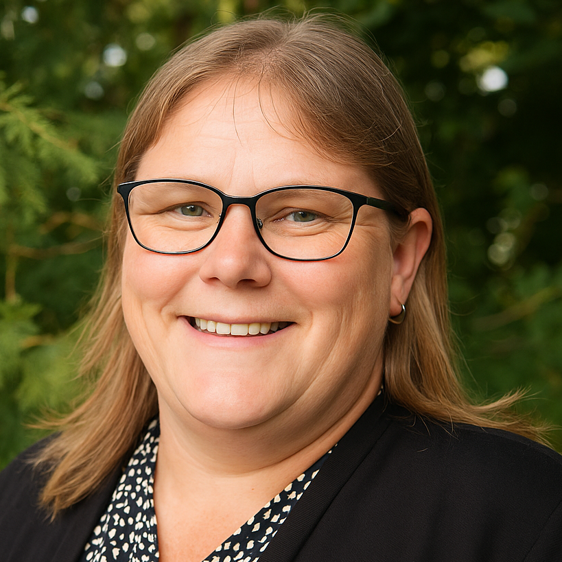Smiling person with glasses, wearing a black blazer and patterned blouse, outdoors.