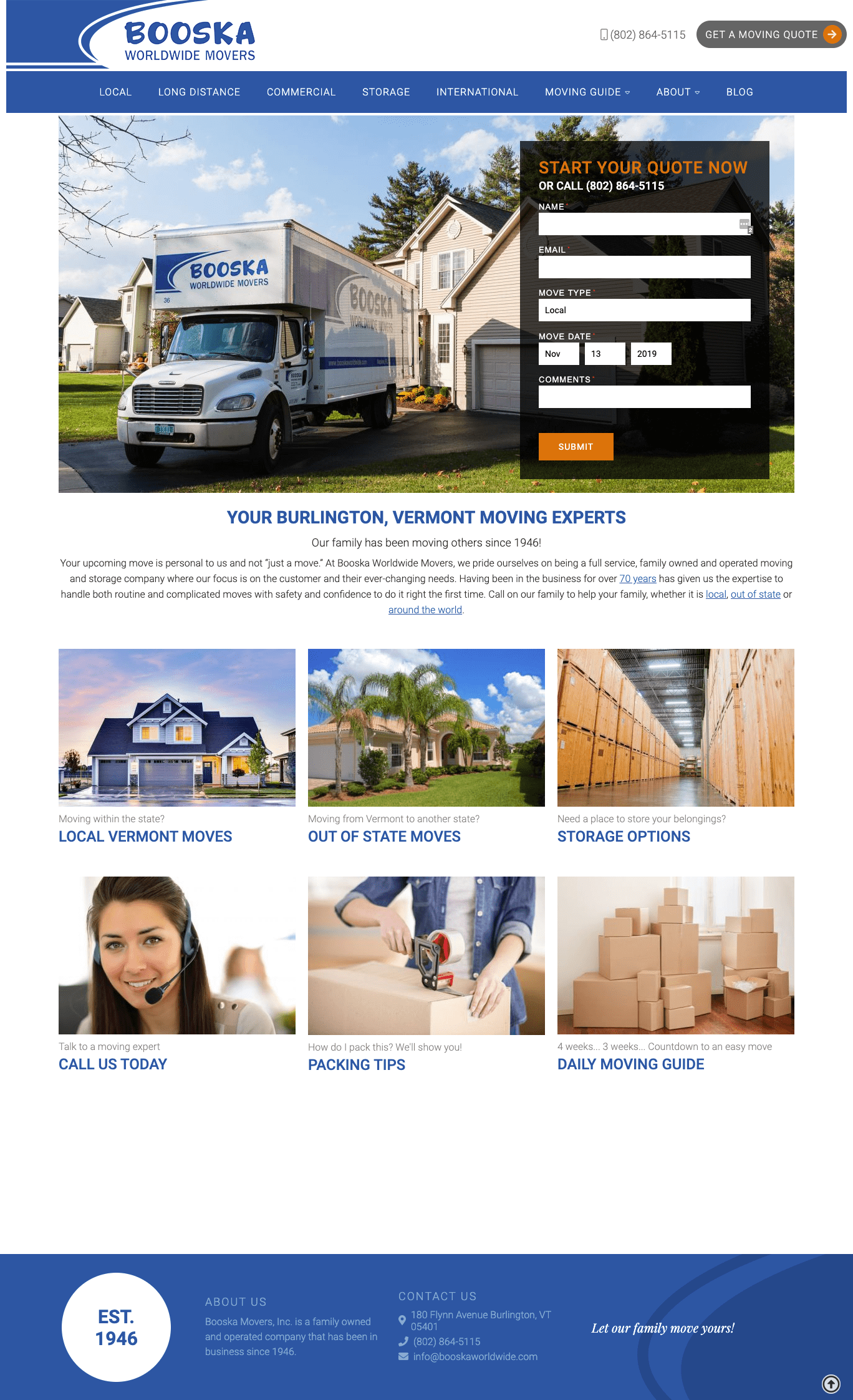 Moving truck parked in front of a house promoting Booska Worldwide Movers services