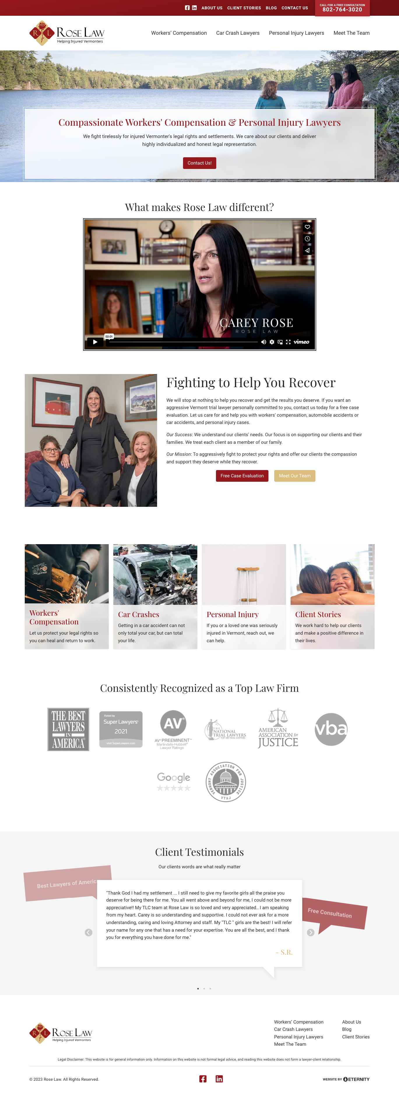 Website of Rose Law, showcasing legal services for workers' compensation and personal injury.