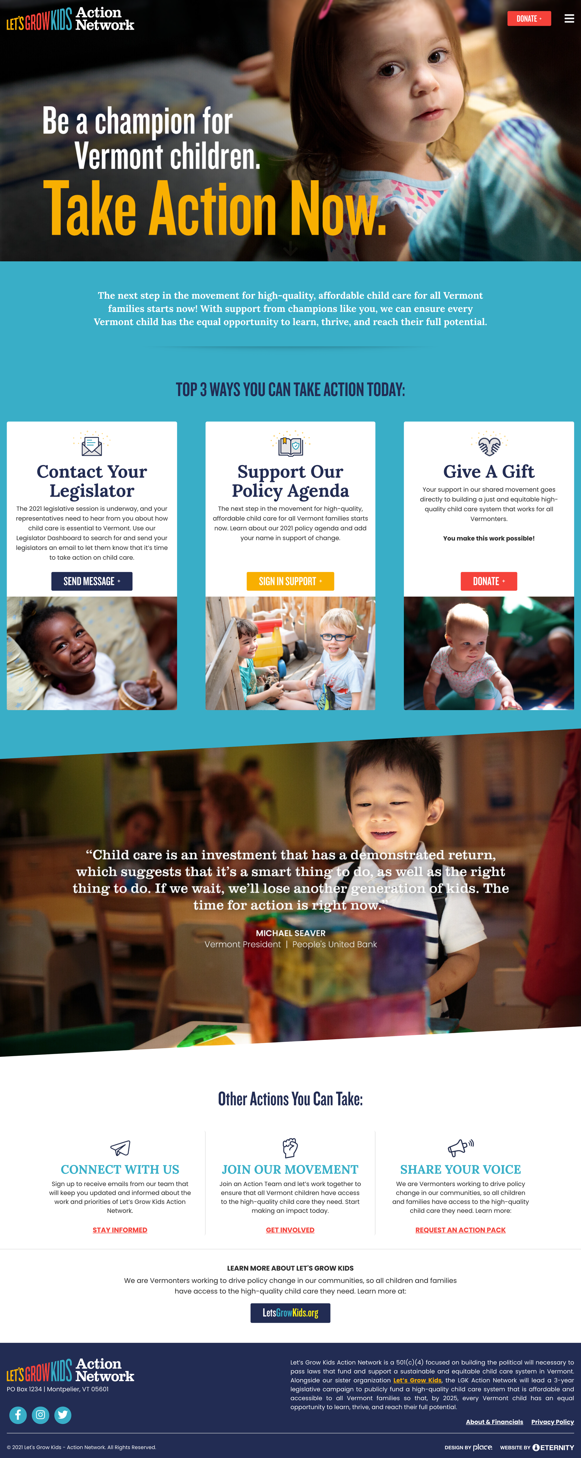 Website promoting child care advocacy and action for Vermont families