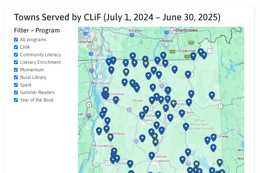 Map showing towns served by CLiF programs from July 2024 to June 2025.