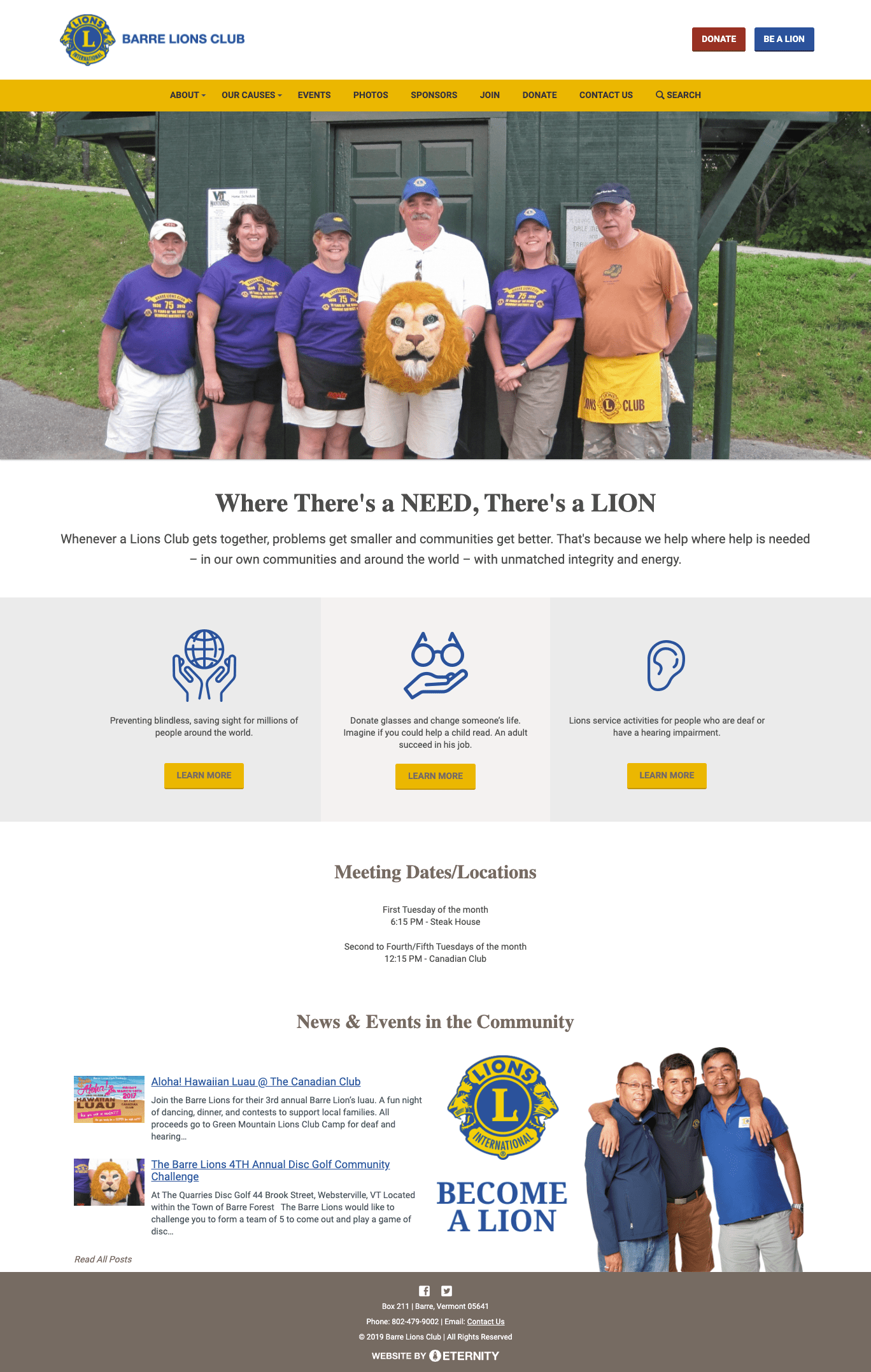 Barre Lions Club homepage showcasing events and community service efforts