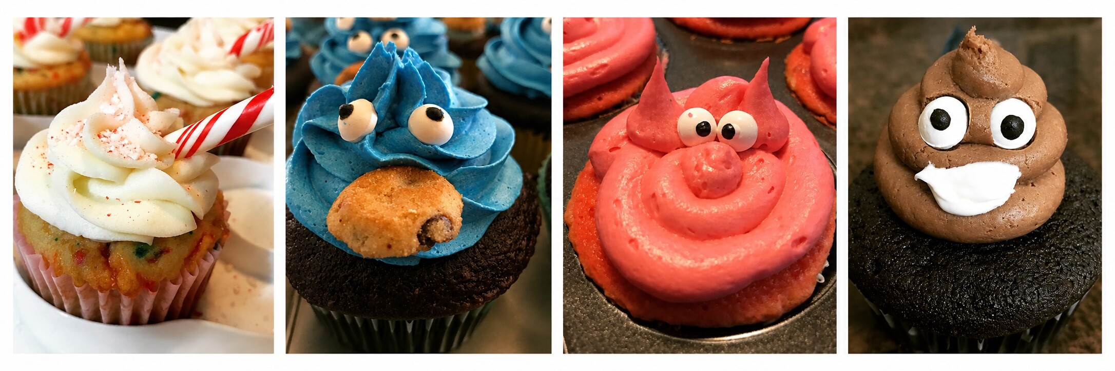Four cupcakes Holly decorated (a peppermint swirl, a Cookie Monster, a pig face and a poop emoji) shown in a row.