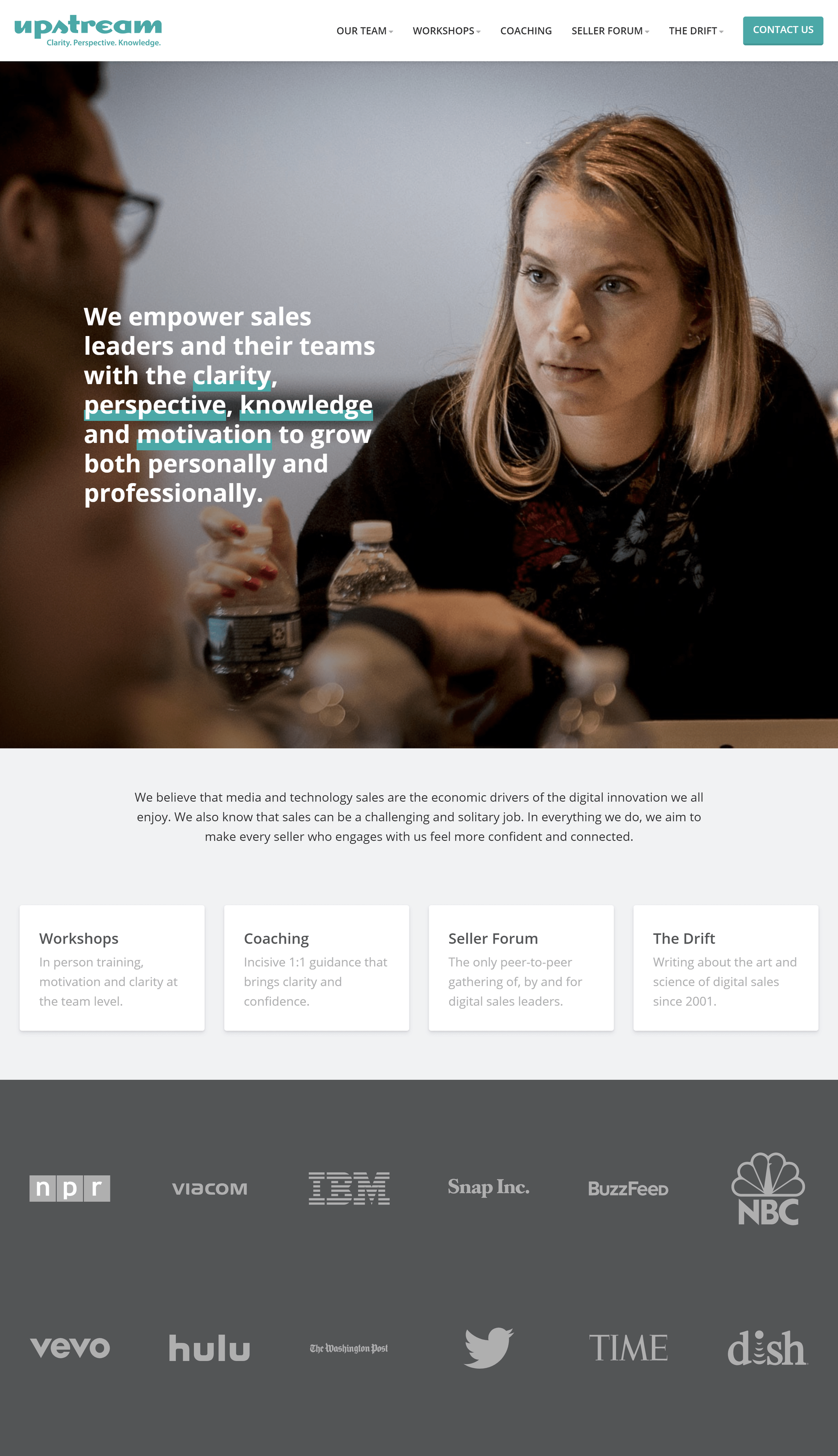 Website showcasing sales empowerment services with a focus on workshops and coaching