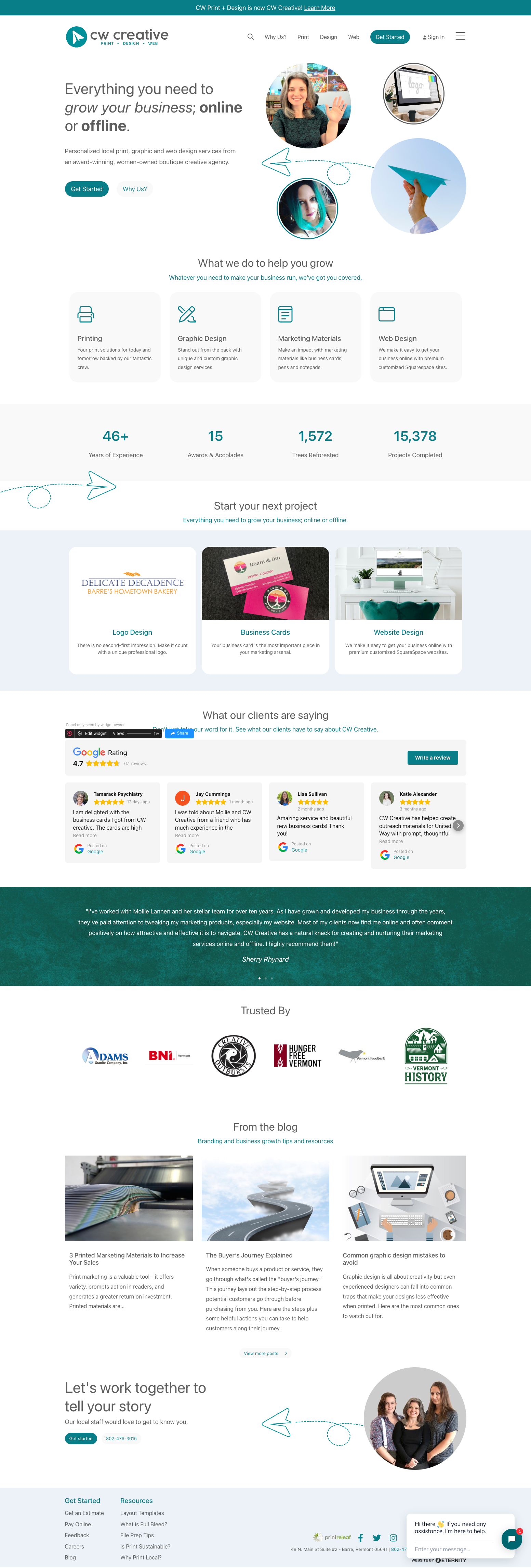 Homepage of CW Creative, a boutique agency offering print, design, and web services.