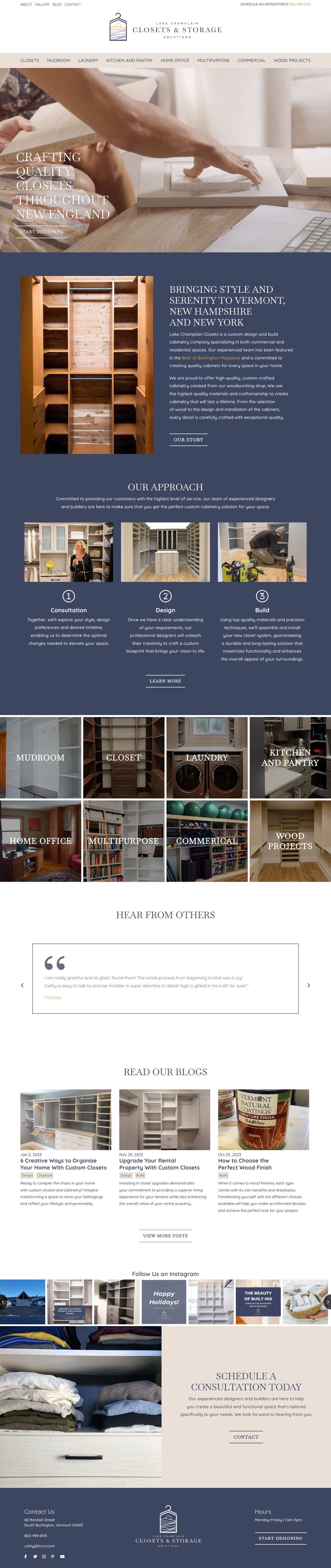 Website for a closet and storage company in New England, featuring services and testimonials.