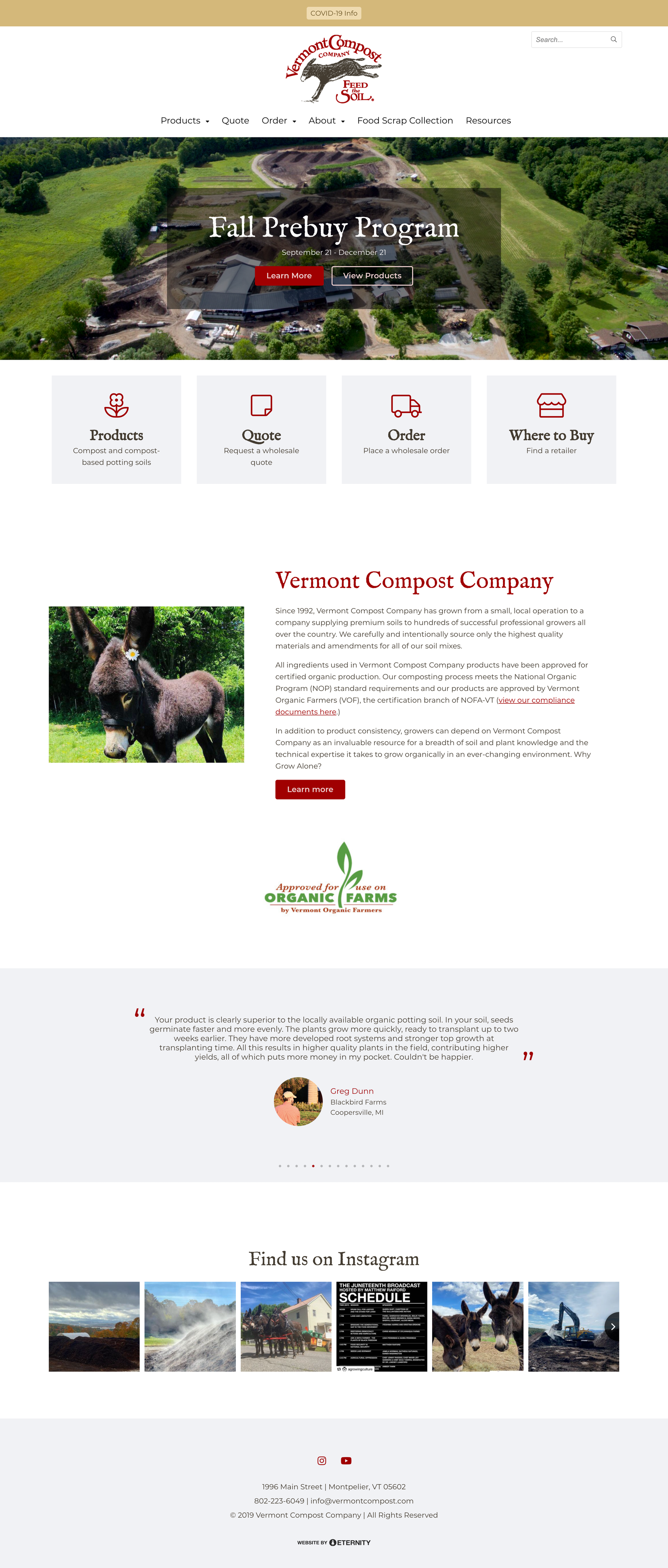 Homepage of Vermont Compost Company featuring products and services offered