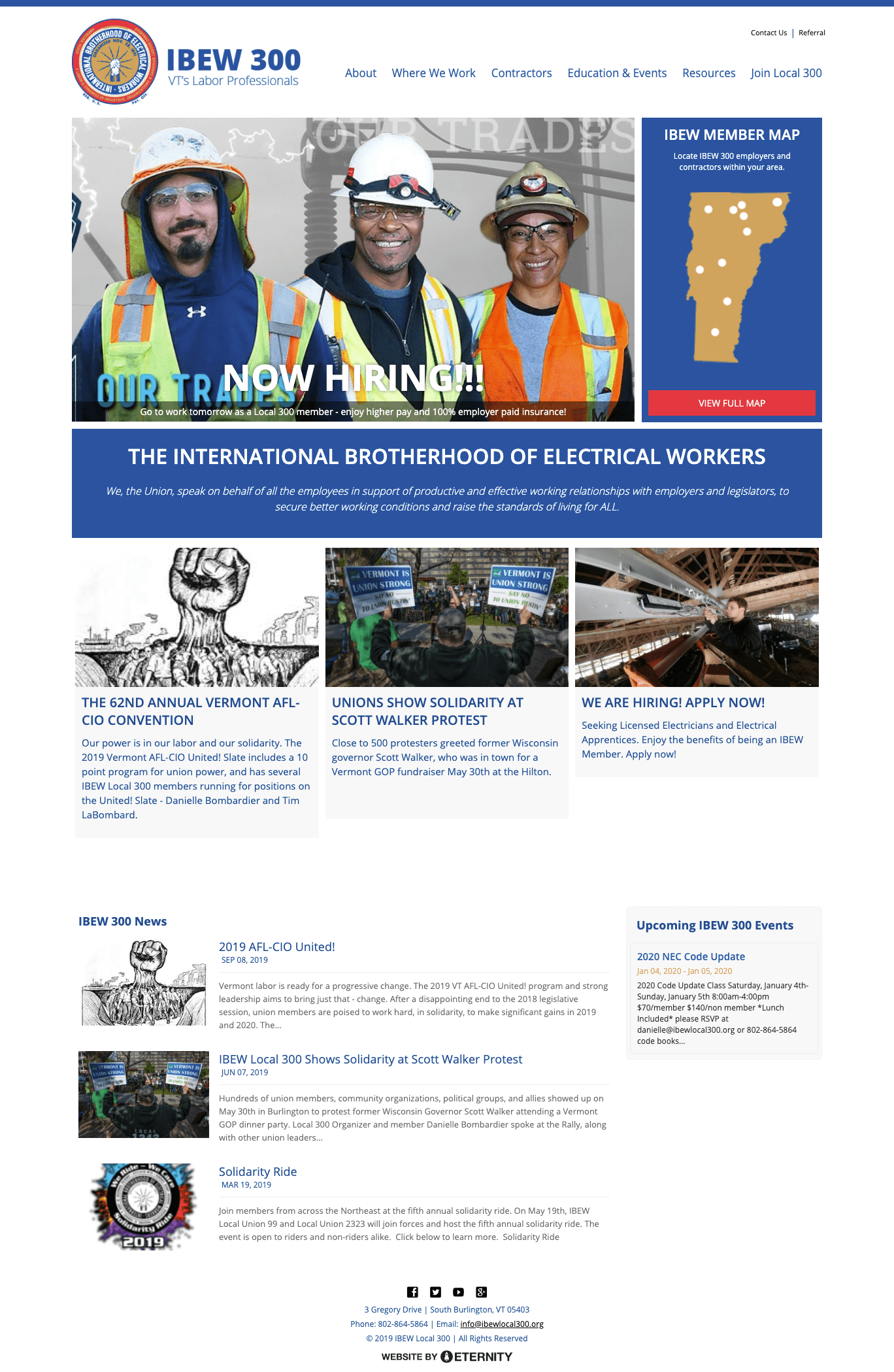 IBEW 300 website showing union members, hiring notice, and event announcements