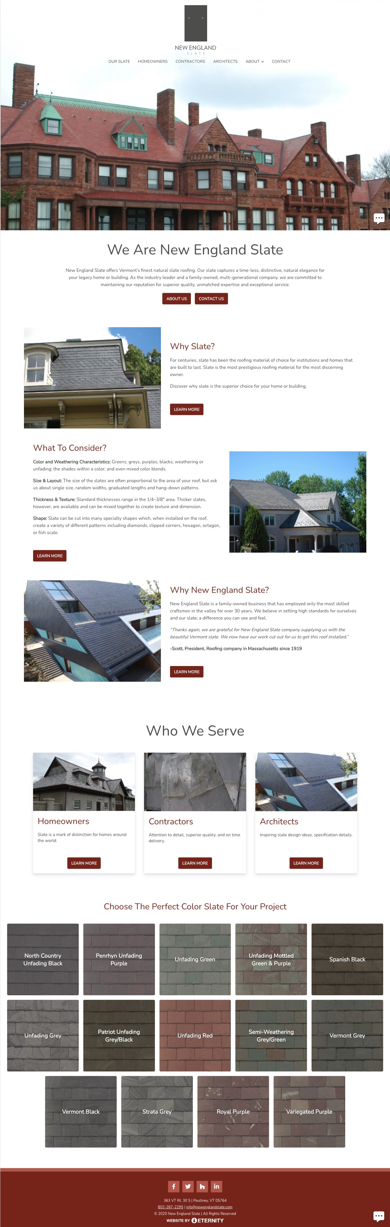 Website of New England Slate showcasing slate roofing options and services offered