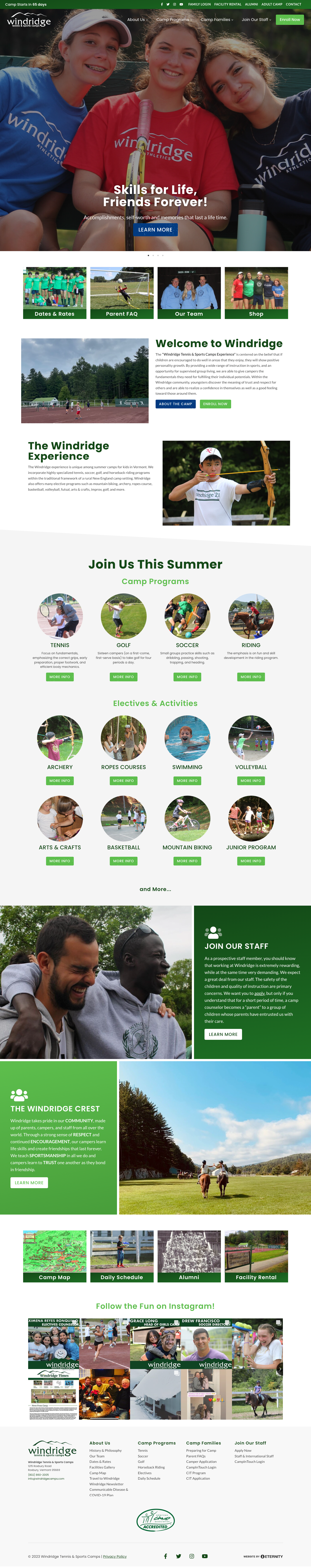 Homepage of Windridge Camp featuring activities, programs, and a scenic landscape.