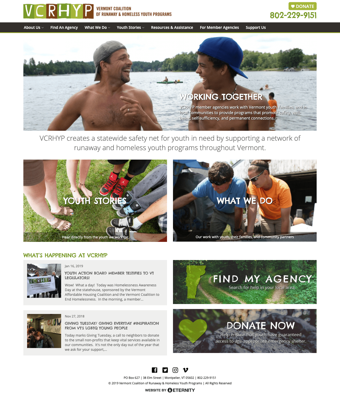 Website for Vermont Coalition of Runaway & Homeless Youth Programs with youth activities