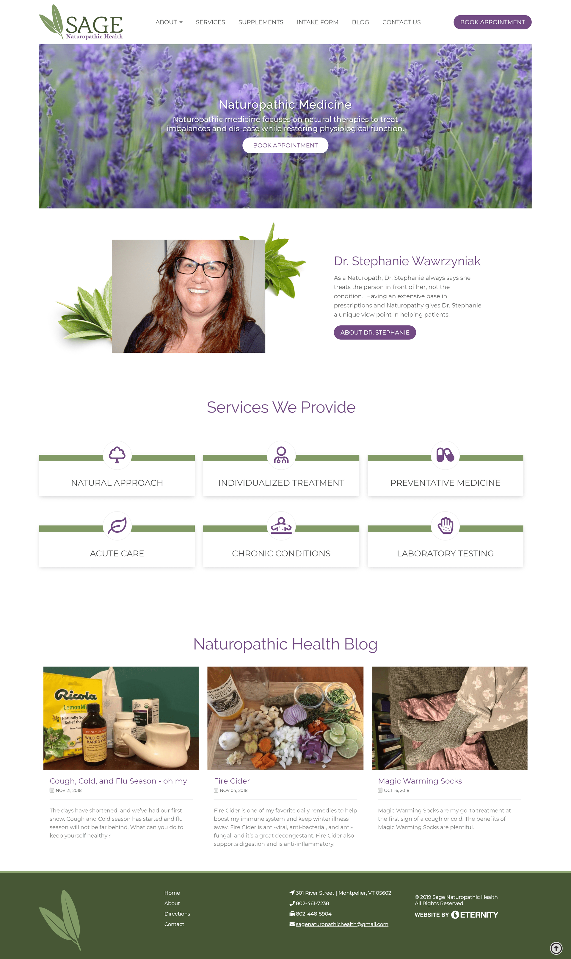 Website for Sage Naturopathic Health featuring services and health blog
