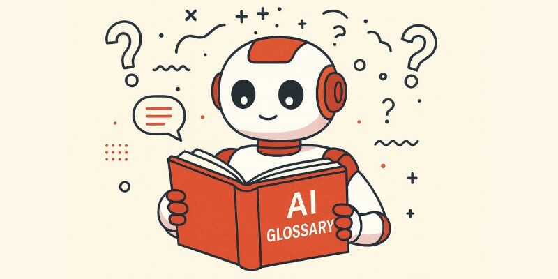 A cute robot reading a book titled "AI GLOSSARY" with question marks around it.