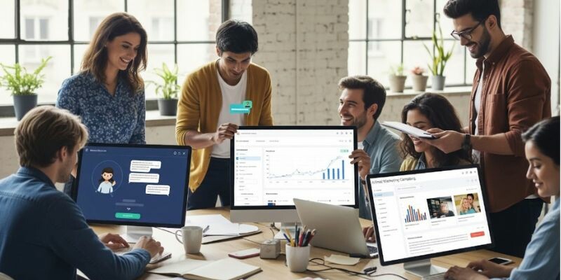 A diverse team collaborates around a table with multiple monitors displaying data and charts.