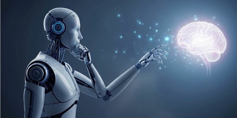 A robotic figure reaching toward a glowing brain, symbolizing artificial intelligence.