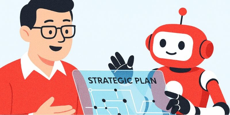 A person and a robot discussing a strategic plan on a digital display.
