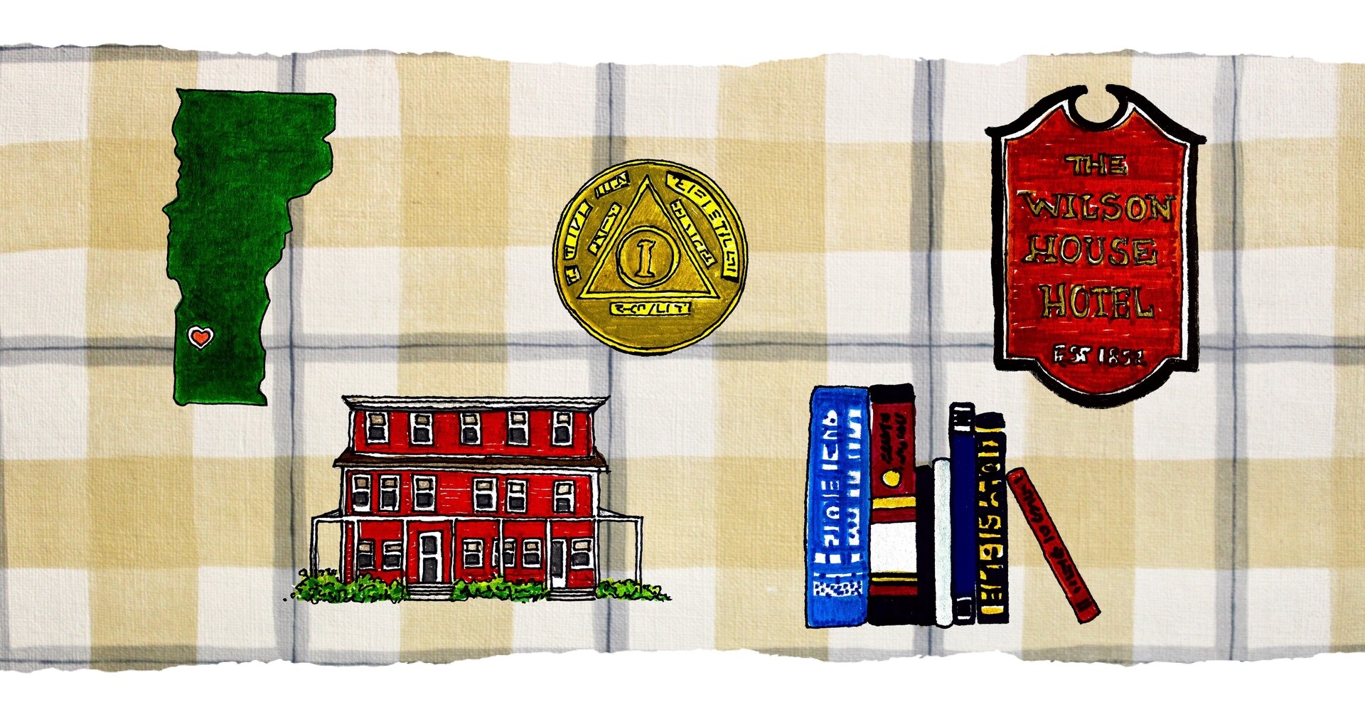 Illustration featuring Vermont, a hotel, a gold coin, and books on a checkered background.