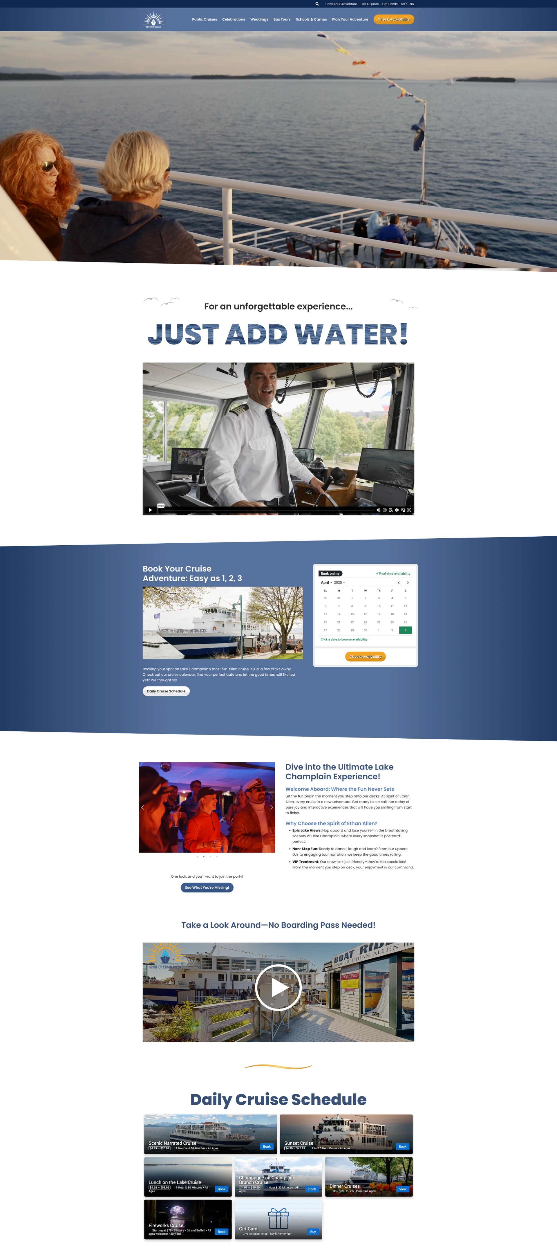 Website homepage for a cruise service on Lake Champlain, featuring booking options and activities.