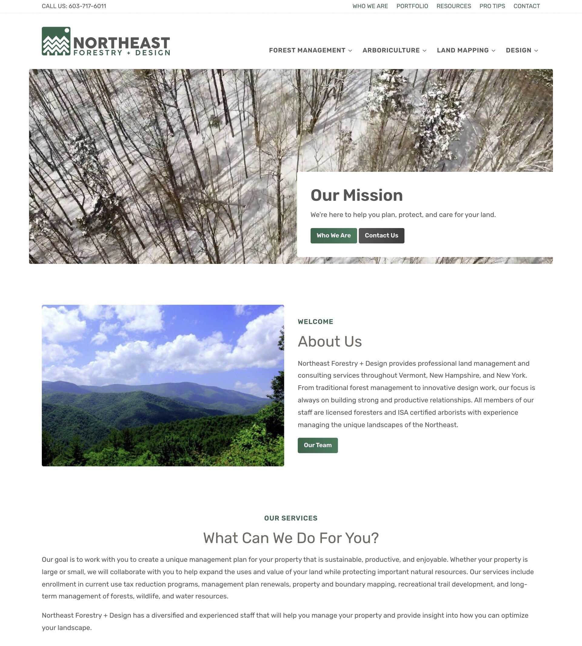 Website for Northeast Forestry + Design highlighting services and mission for land management