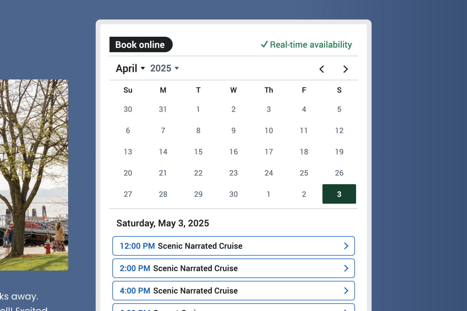 Booking interface for scenic narrated cruises on May 3, 2025.