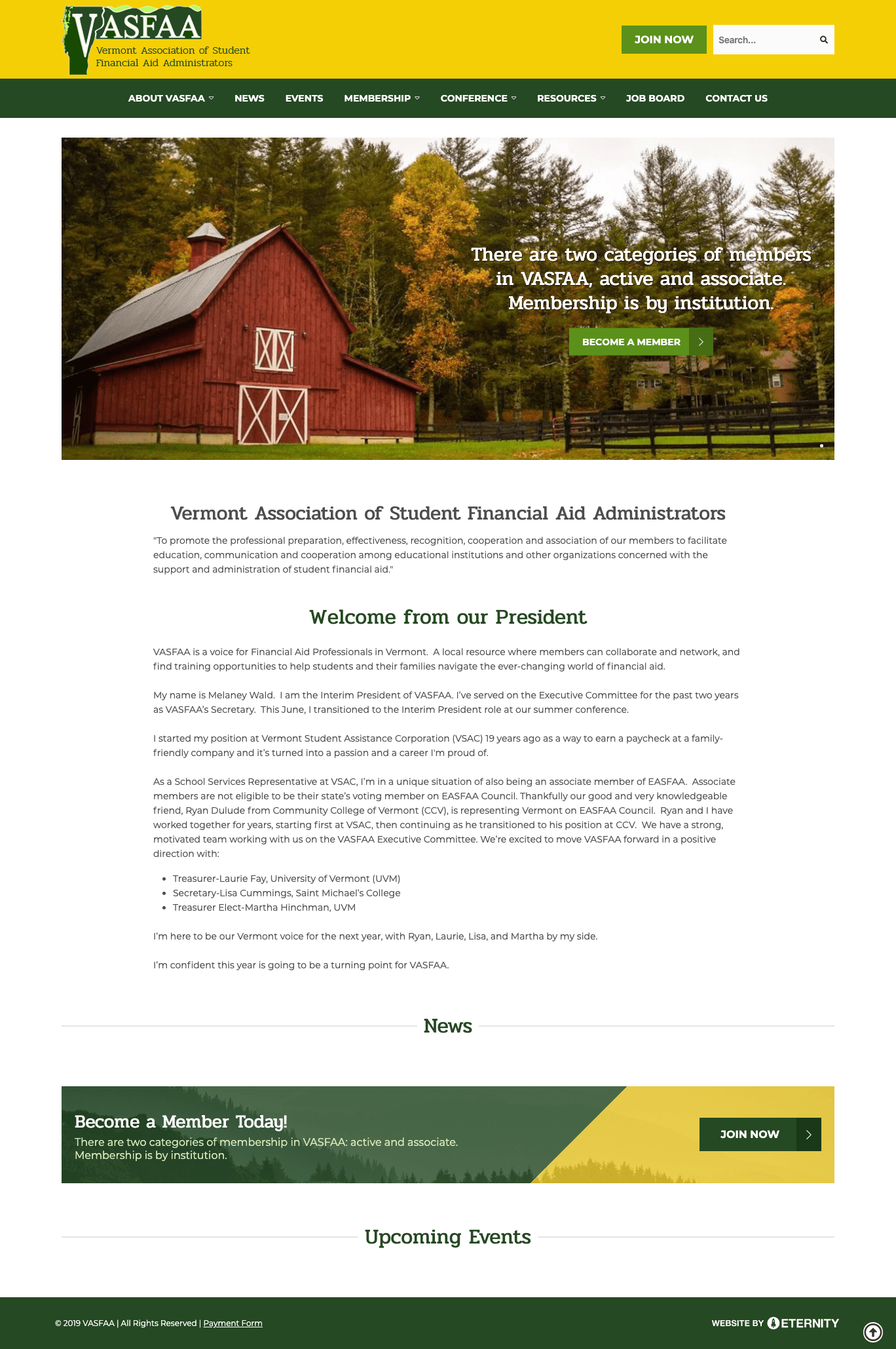 Homepage of the Vermont Association of Student Financial Aid Administrators with welcome message