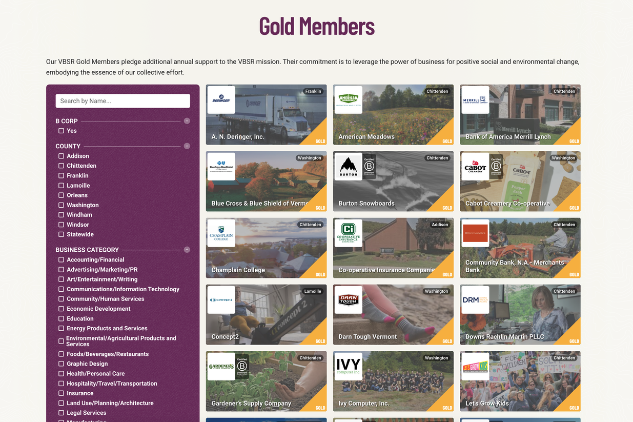 Grid of VBSR Gold Members showcasing businesses and organizations supporting social change.