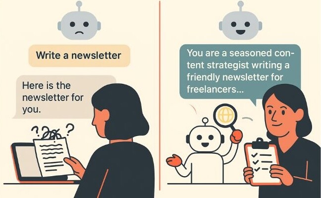 A person interacts with a robot to create a newsletter.