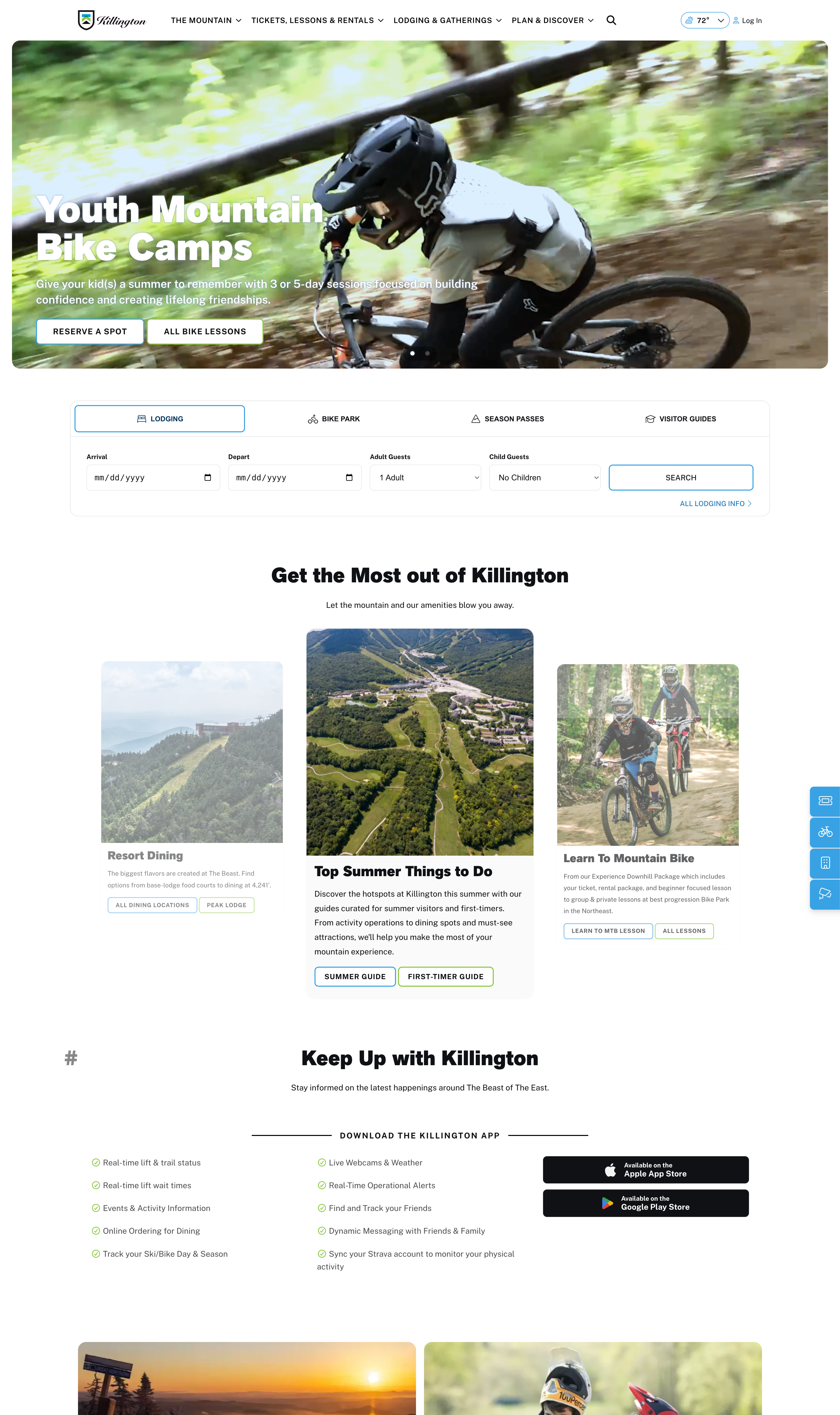 Website banner promoting youth mountain bike camps and summer activities at Killington.