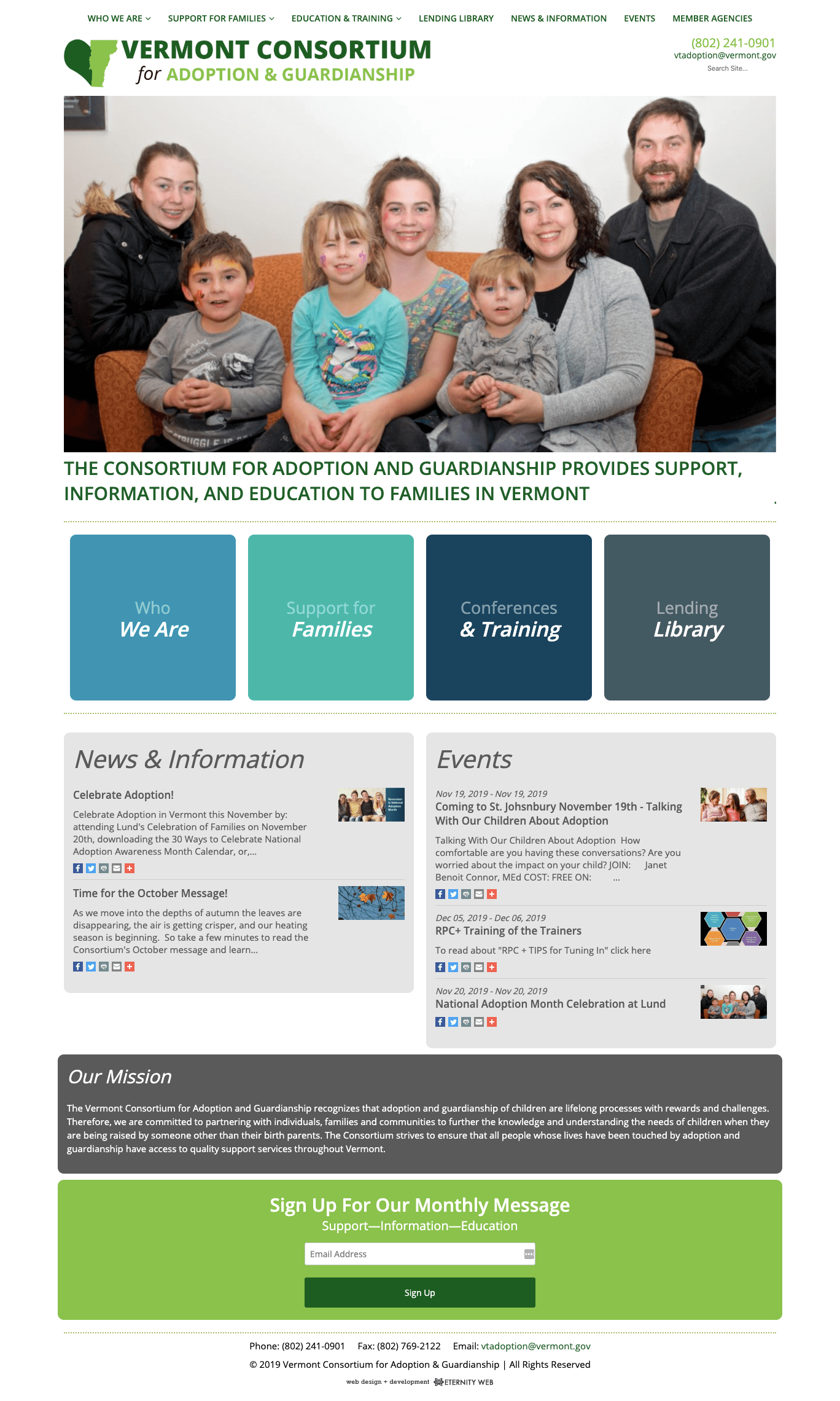 Family group portrait promoting Vermont's adoption and guardianship support services