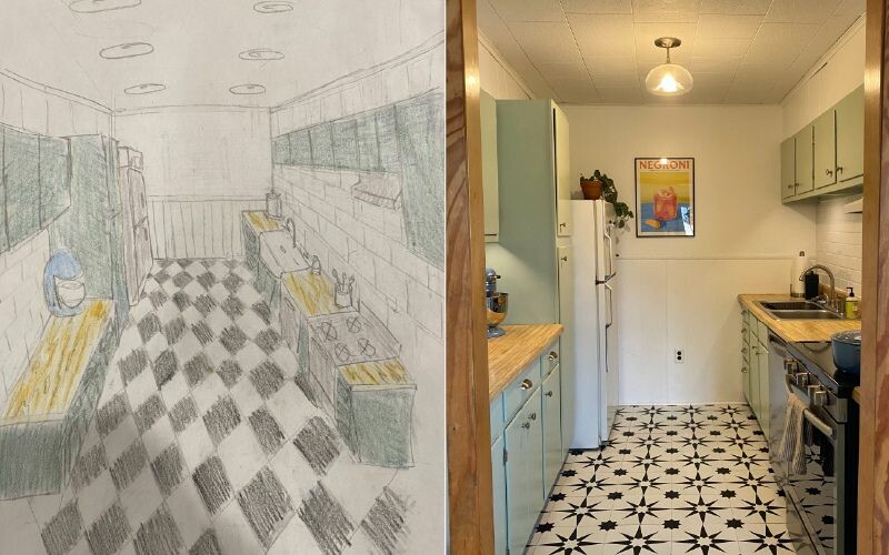 Side by side of Kalei Harris's hand-drawn colored-pencil kitchen plan and the finished renovated kitchen with checkered tile and sage cabinets.