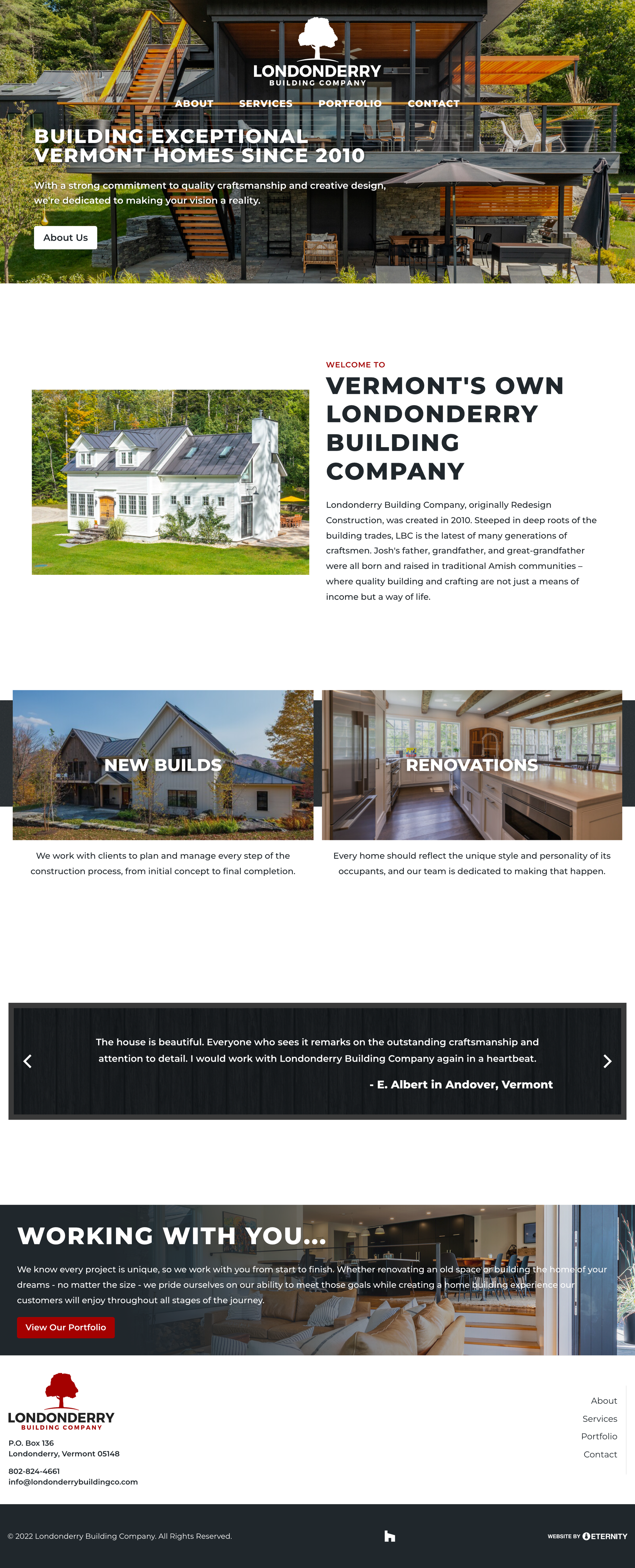 Homepage of Londonderry Building Company showcasing services and customer feedback