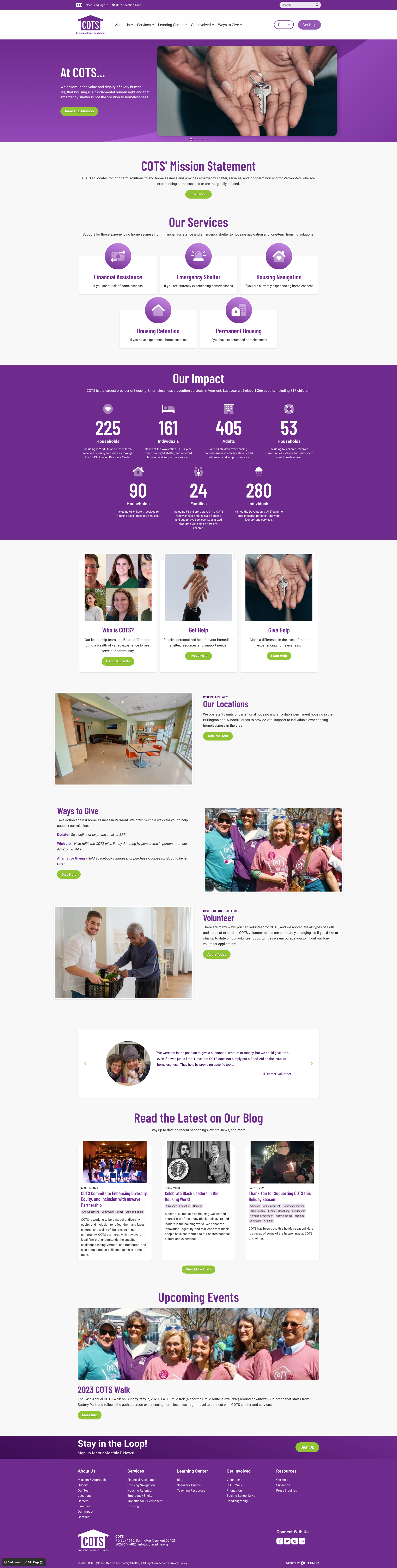 Website layout for COTS, highlighting services, impact, and upcoming events.